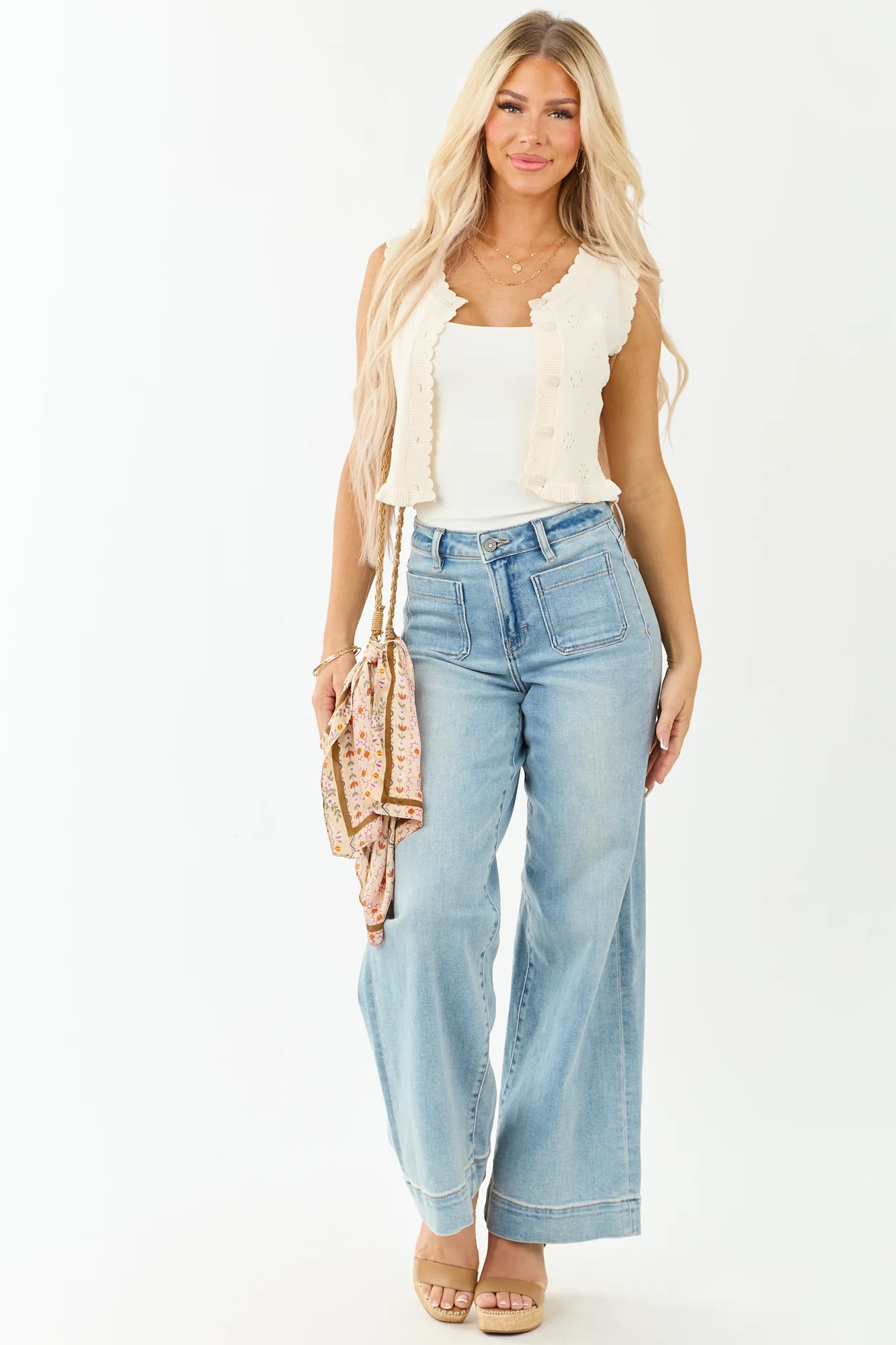 Pointelle Knit Cropped Button Up Tank Top in Cream