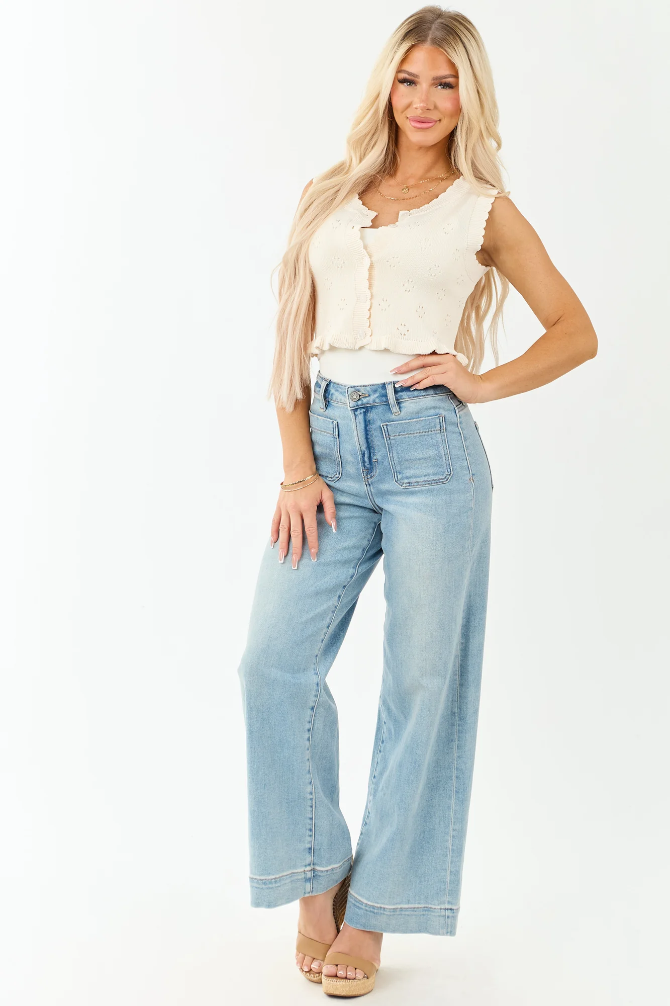 Pointelle Knit Cropped Button Up Tank Top in Cream