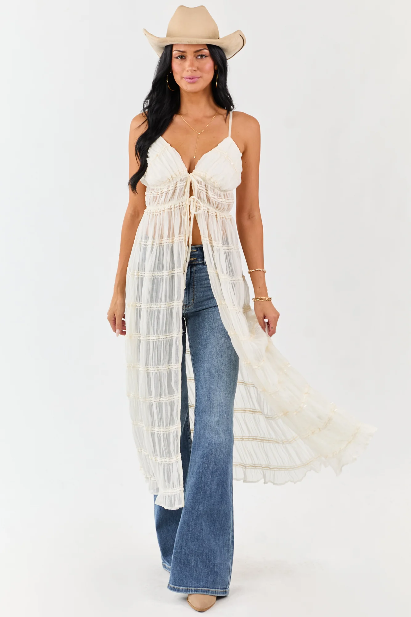 Cream Embroidered Front Tie Duster Vest