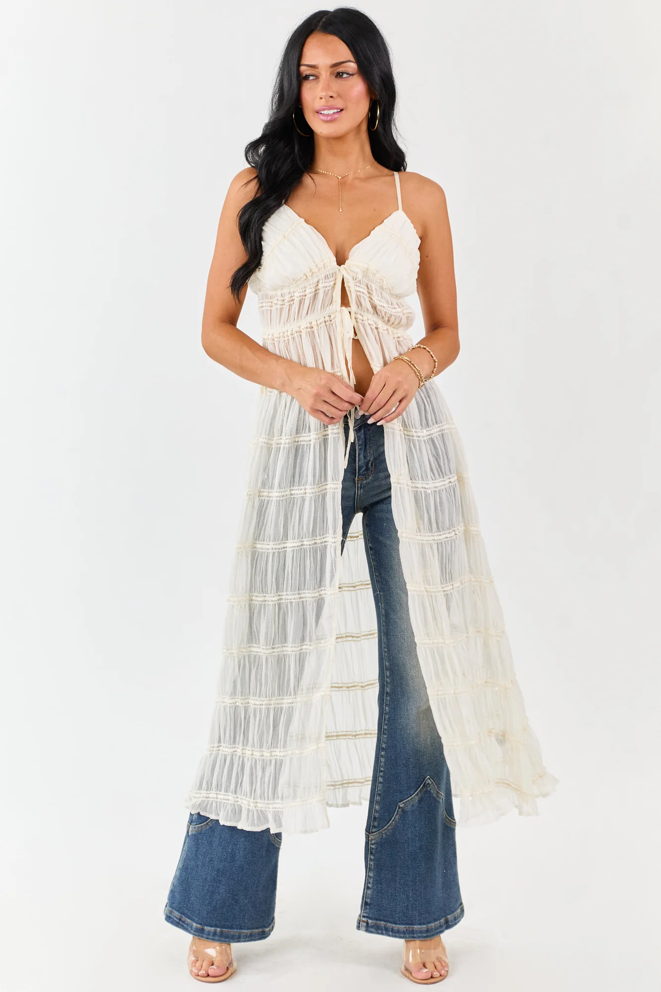 Cream Embroidered Front Tie Duster Vest