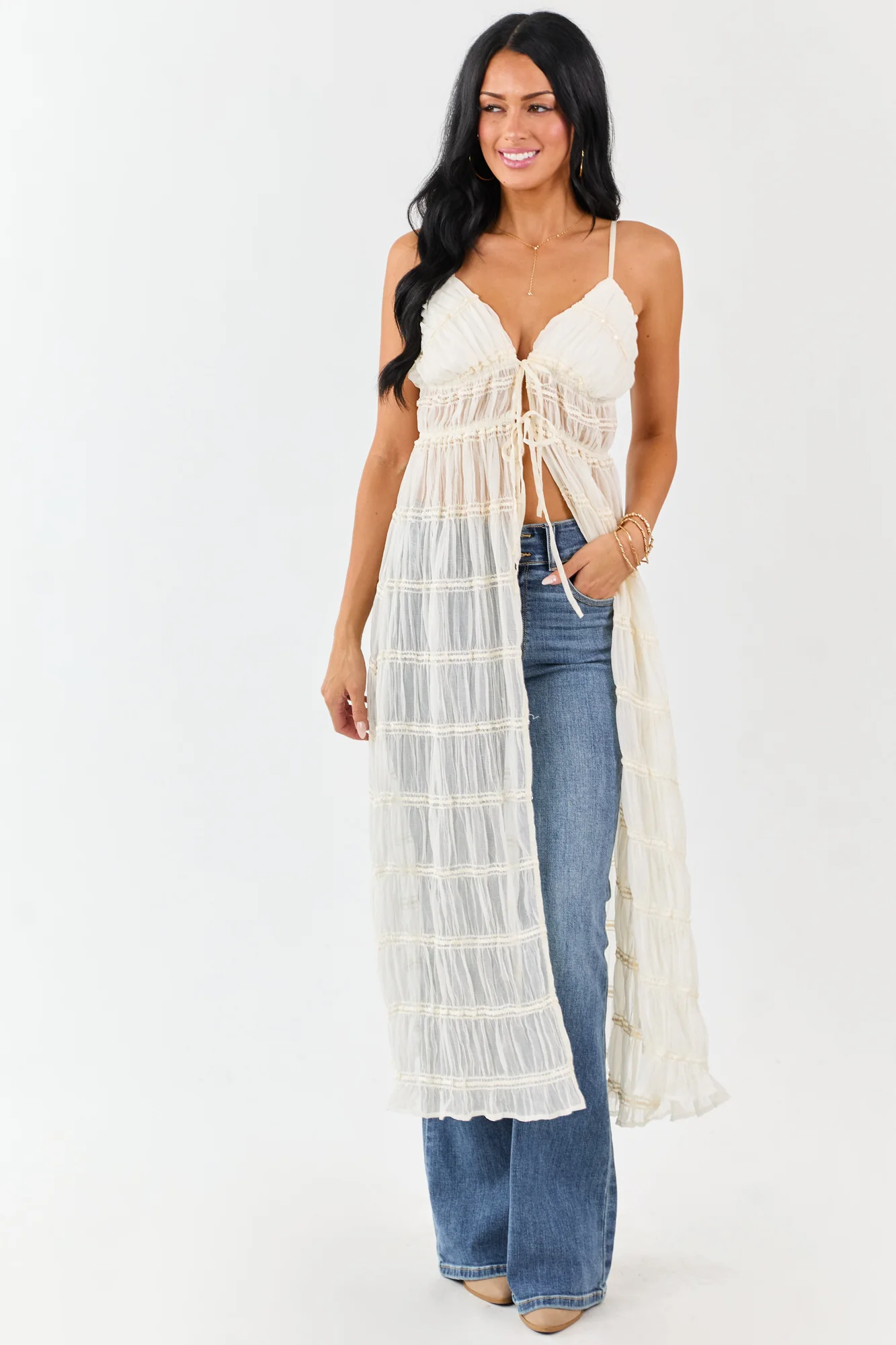 Cream Embroidered Front Tie Duster Vest