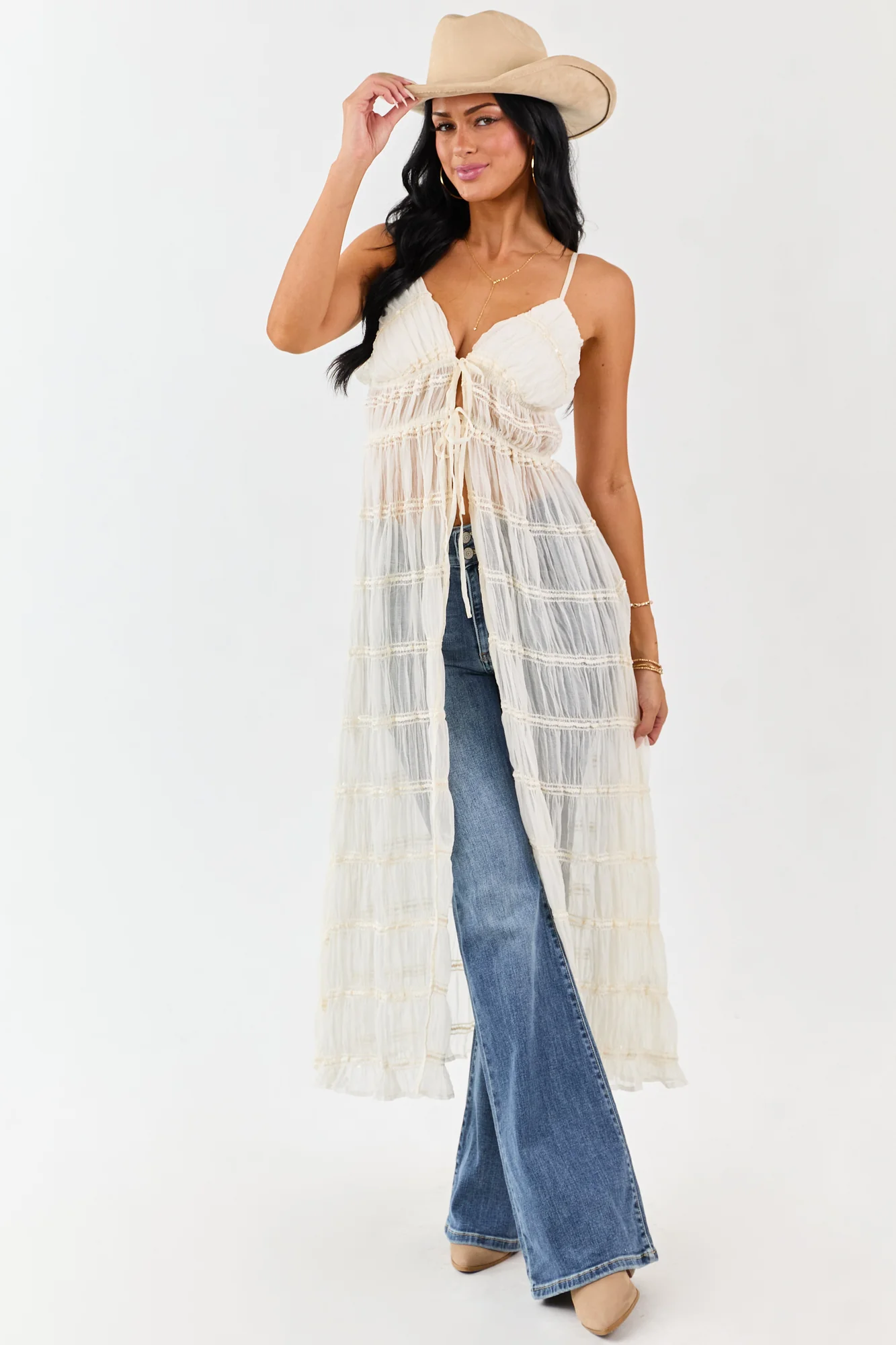Cream Embroidered Front Tie Duster Vest
