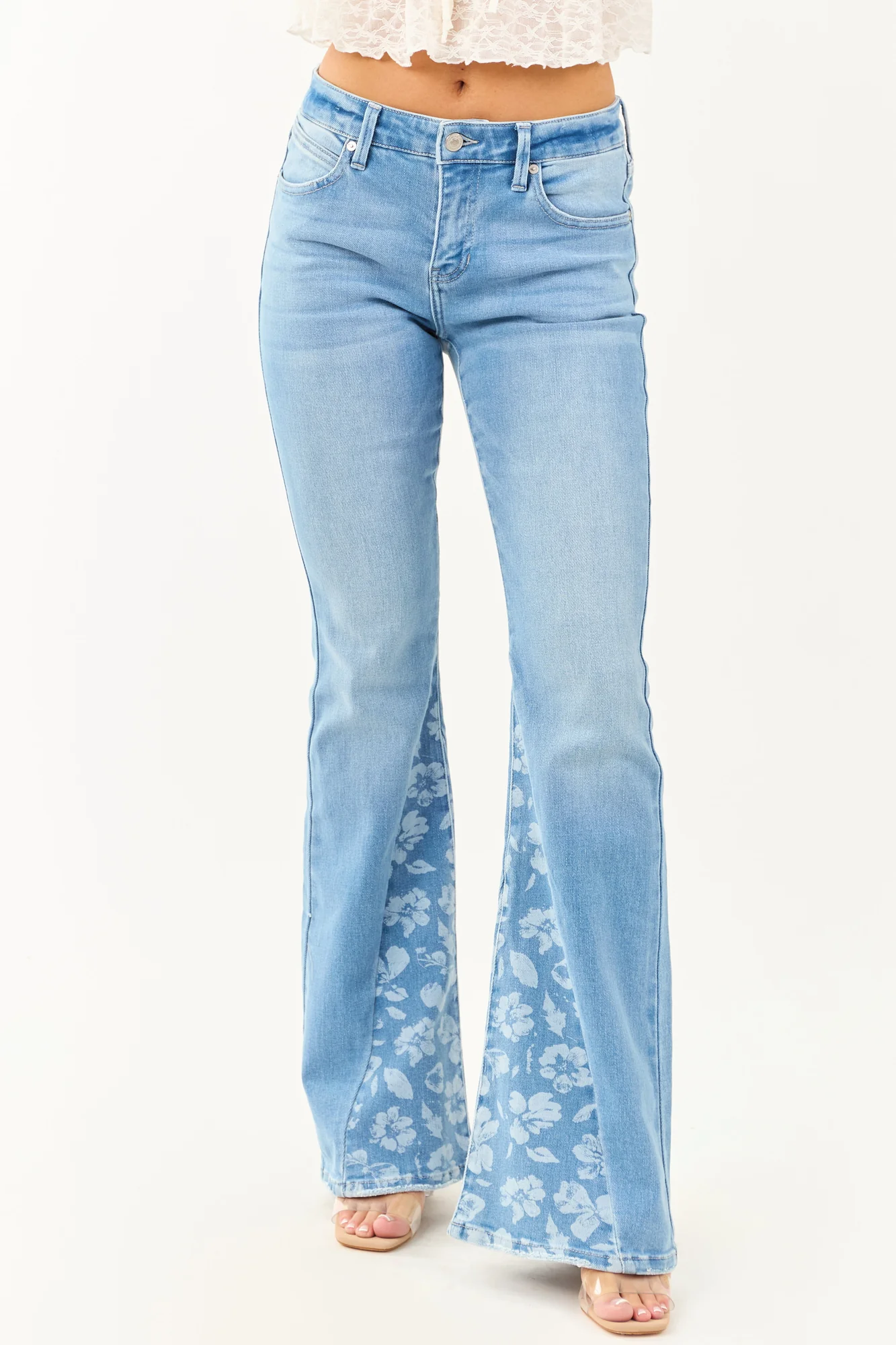 Floral Panel Flare Jeans with Hidden Garden, Mid Rise - Tall Length