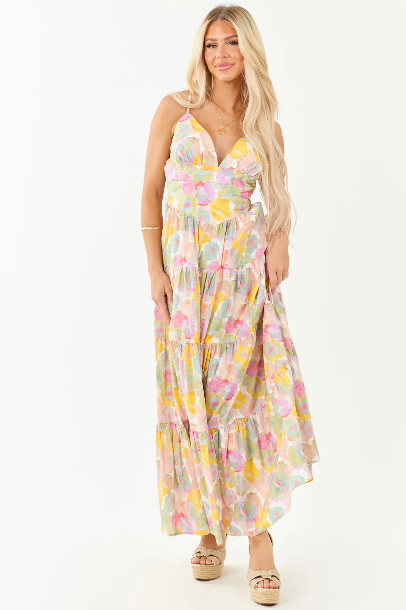 Floral Tiered Maxi Dress in Blush Cotton