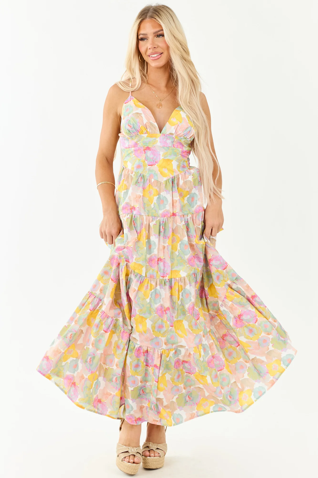 Floral Tiered Maxi Dress in Blush Cotton