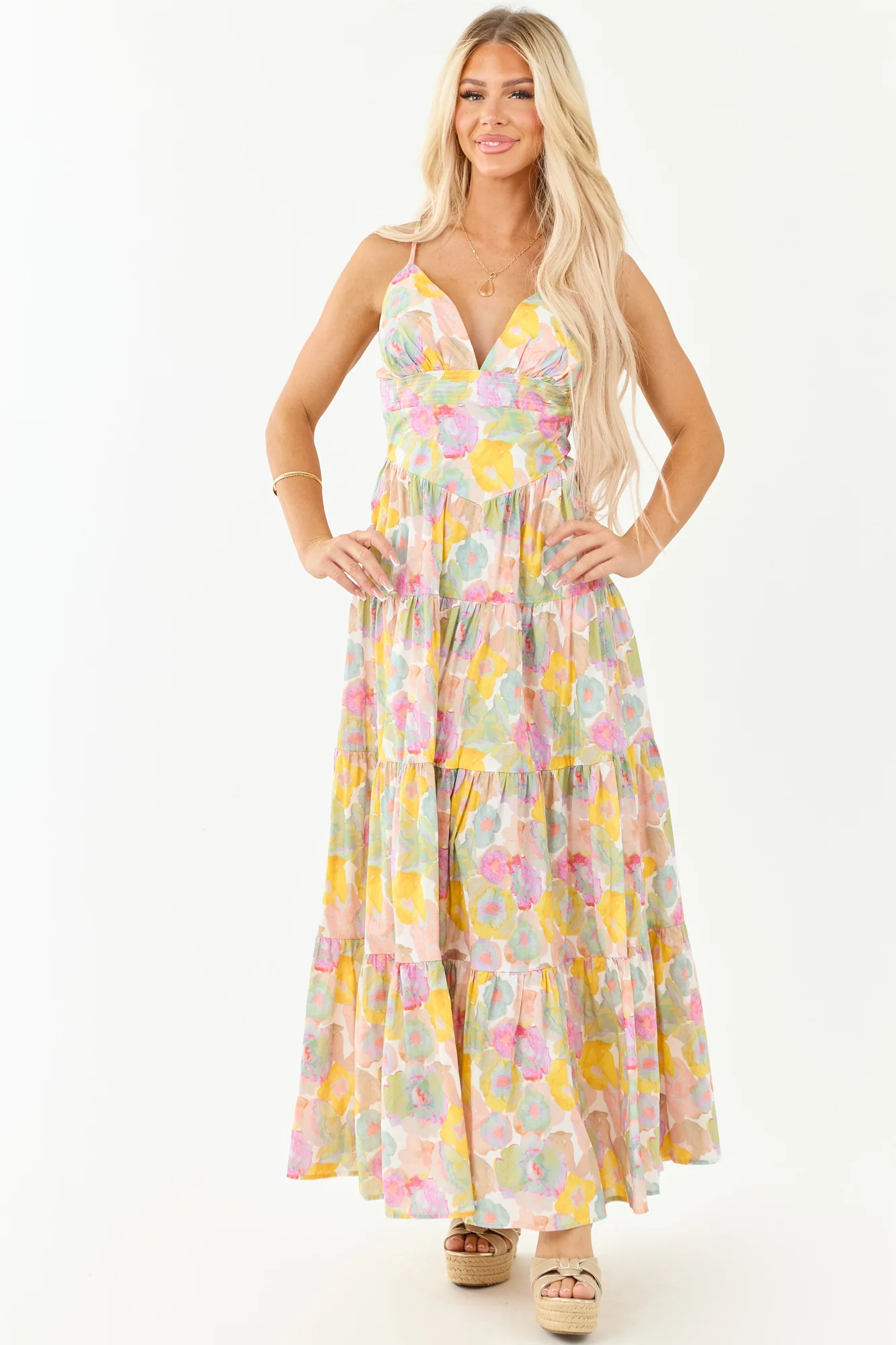 Floral Tiered Maxi Dress in Blush Cotton