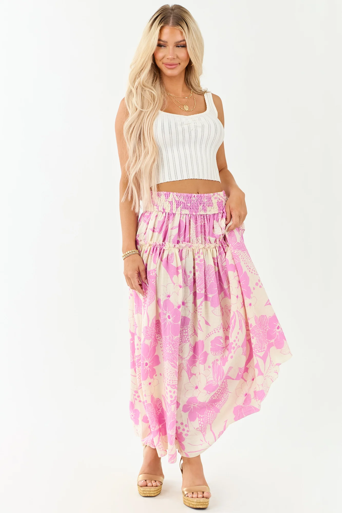 Smocked Maxi Skirt in Cream and Mauve, Tropical Vacation Print