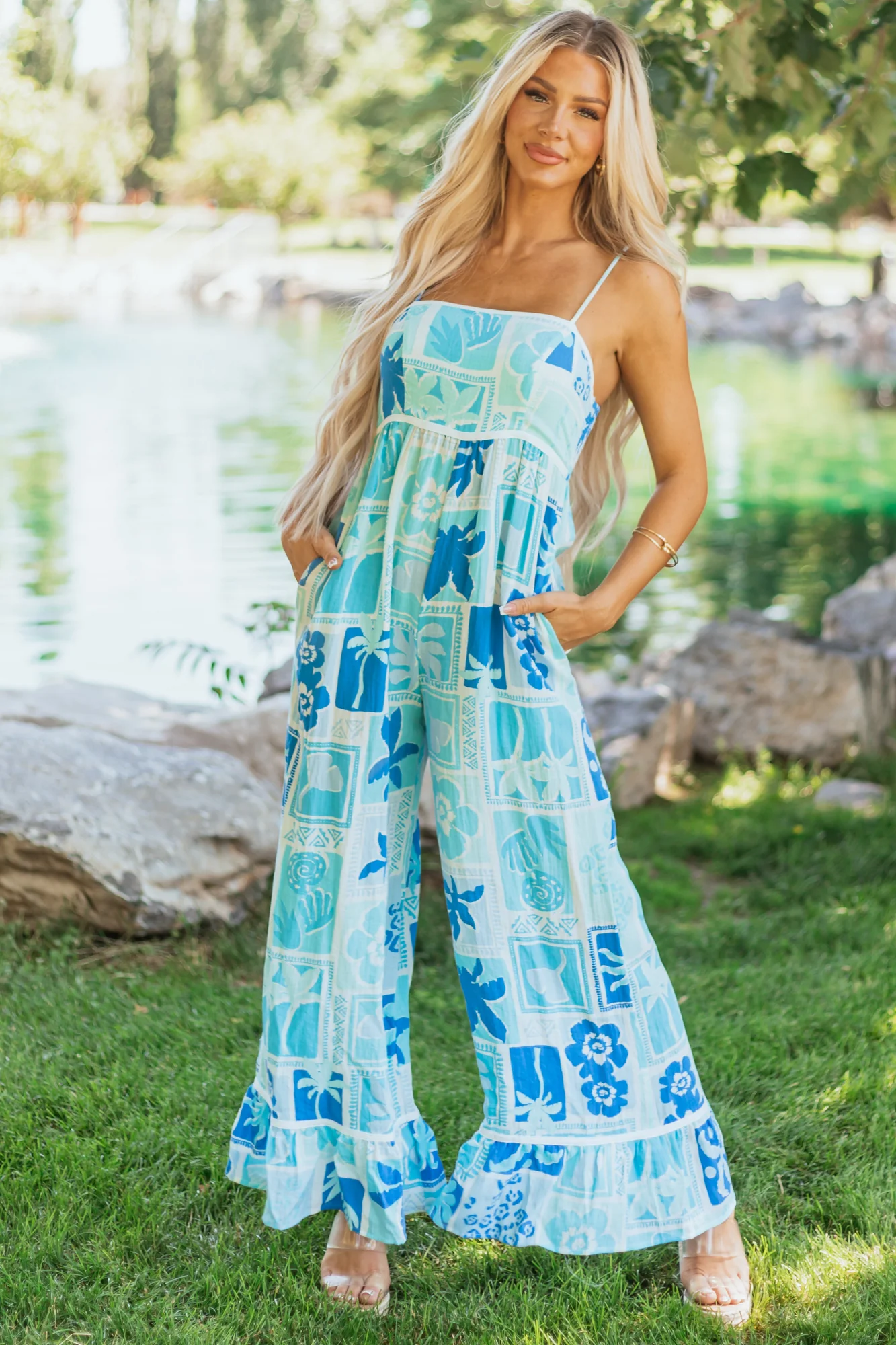 Tropical Print Wide Leg Jumpsuit in Baby Blue - Summer Vacation Style
