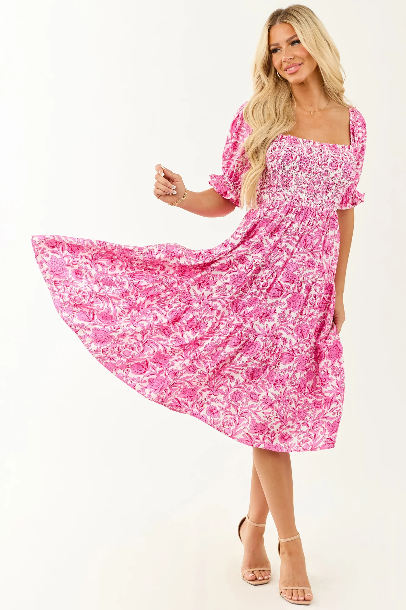 Fuchsia Smocked Floral Print Half Sleeve Midi Dress