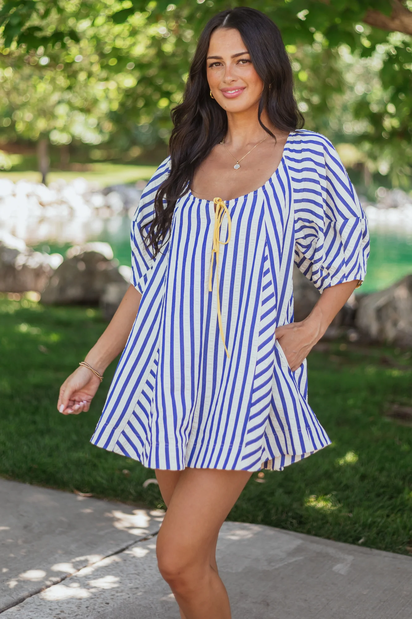 Striped Cobalt Bubble Sleeve Relaxed Romper