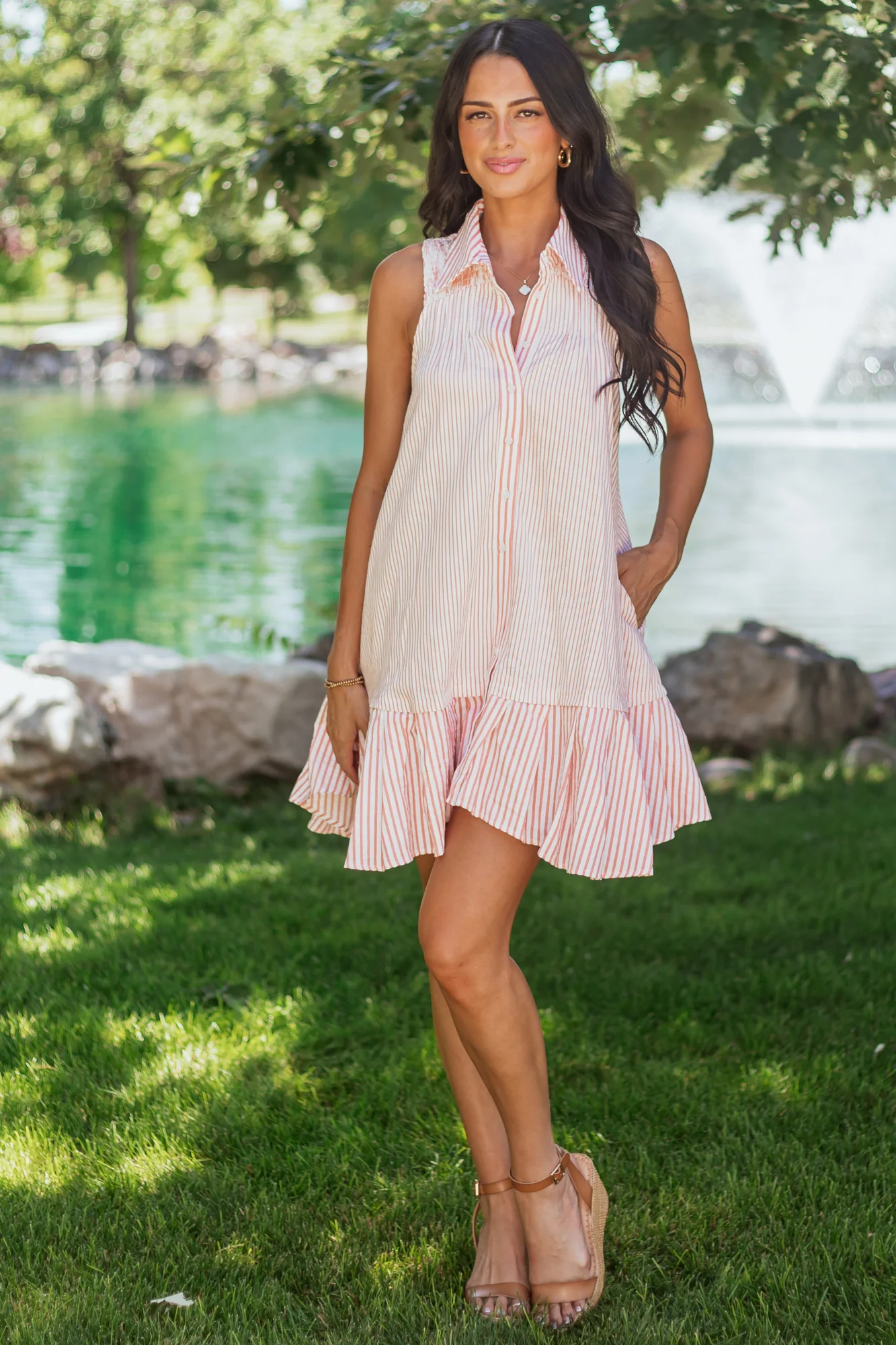 Sleeveless Mini Dress - Coral & Off-White Striped Swing