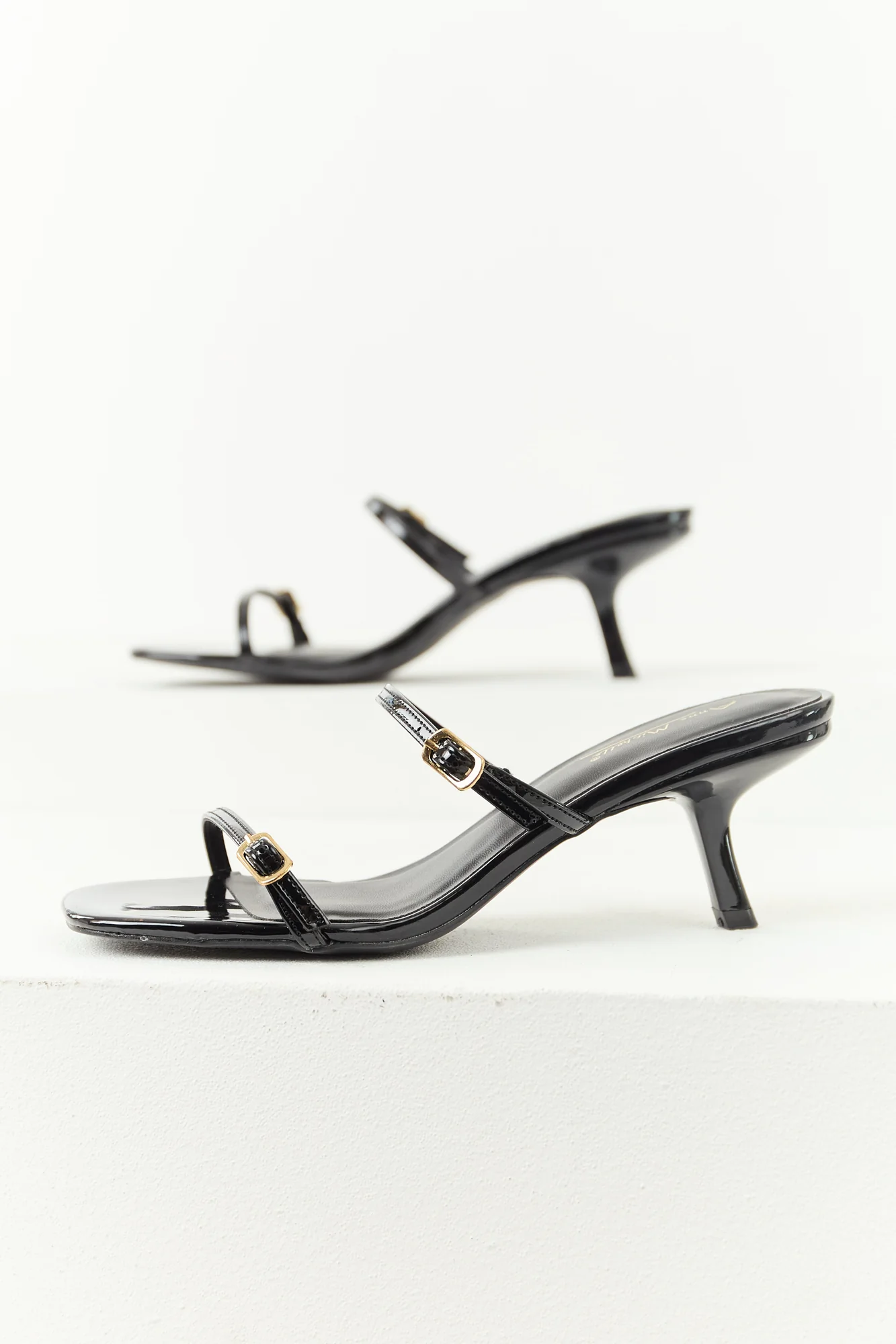 Black Faux Leather Open Toe Stiletto Heels