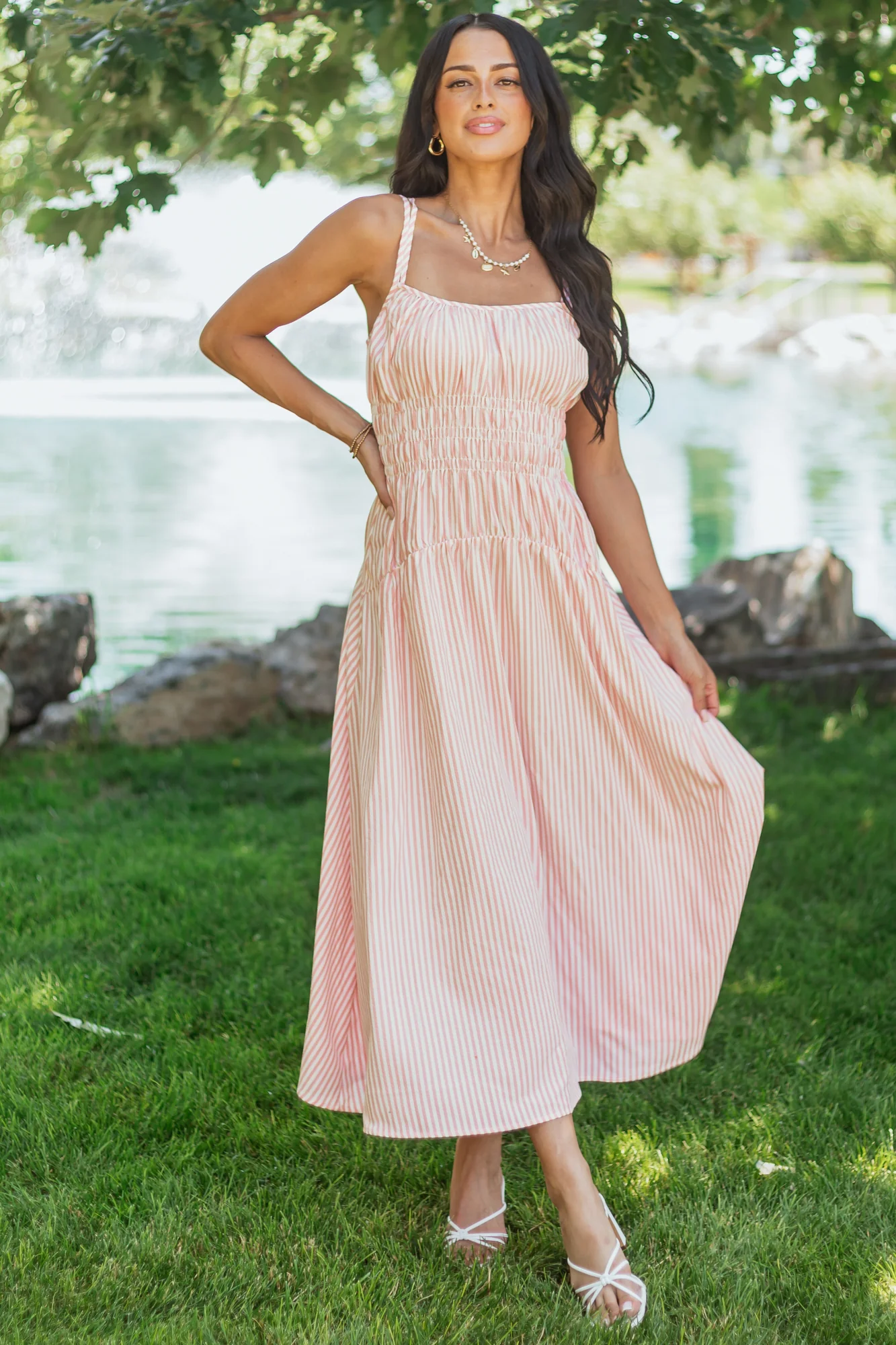 Striped White Sleeveless Maxi Dress for Women