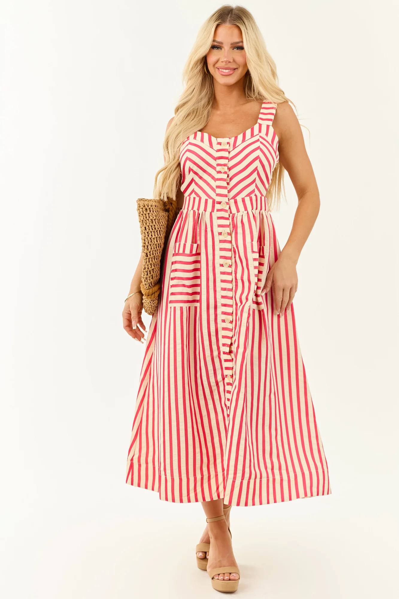 Crimson and Cream Striped Cut Out Midi Dress