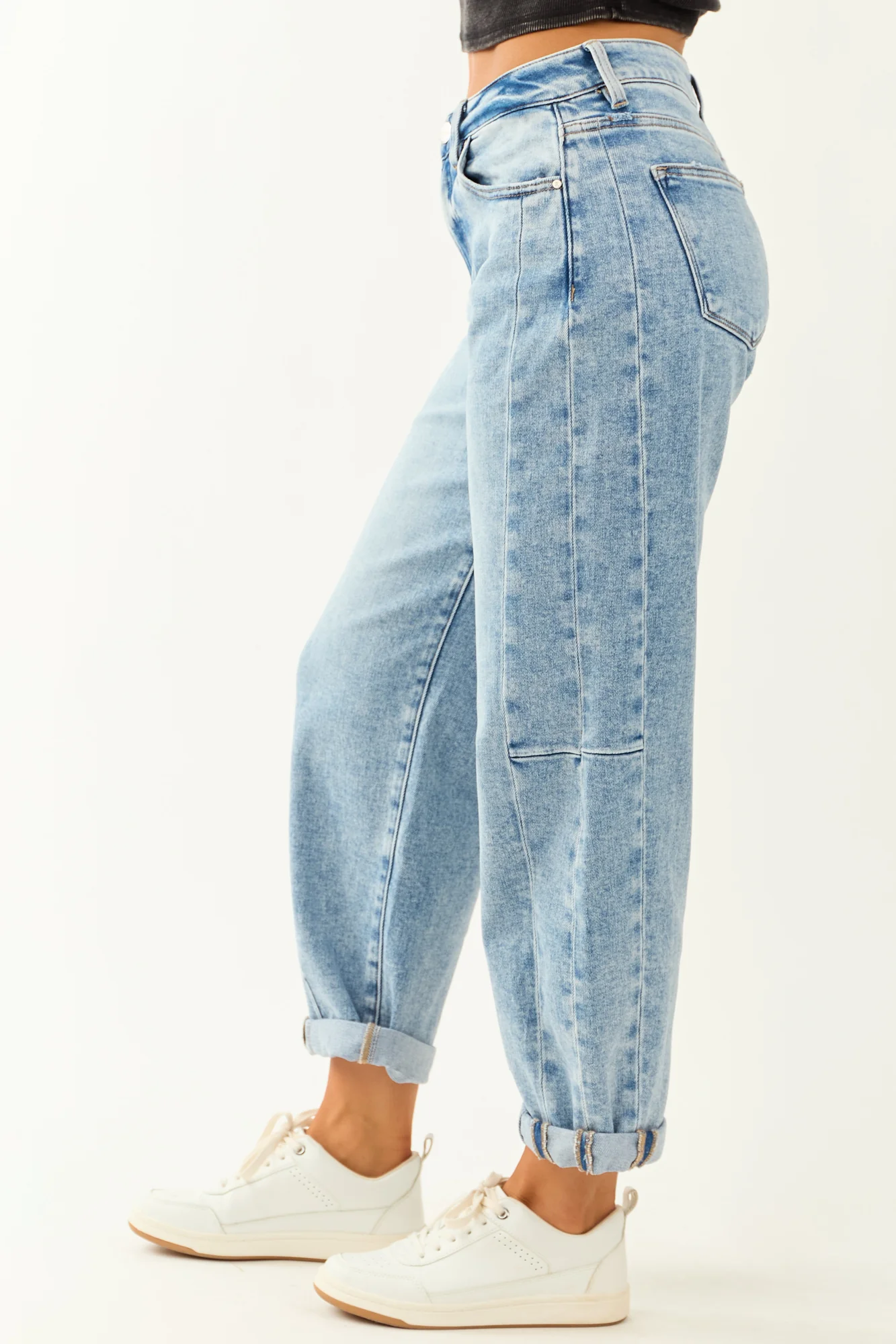 Medium Wash Stretchy Cropped Barrel Jeans