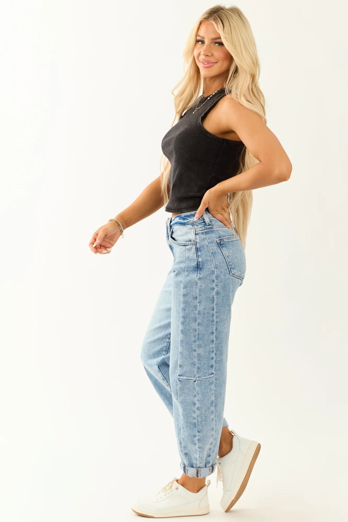 Medium Wash Stretchy Cropped Barrel Jeans