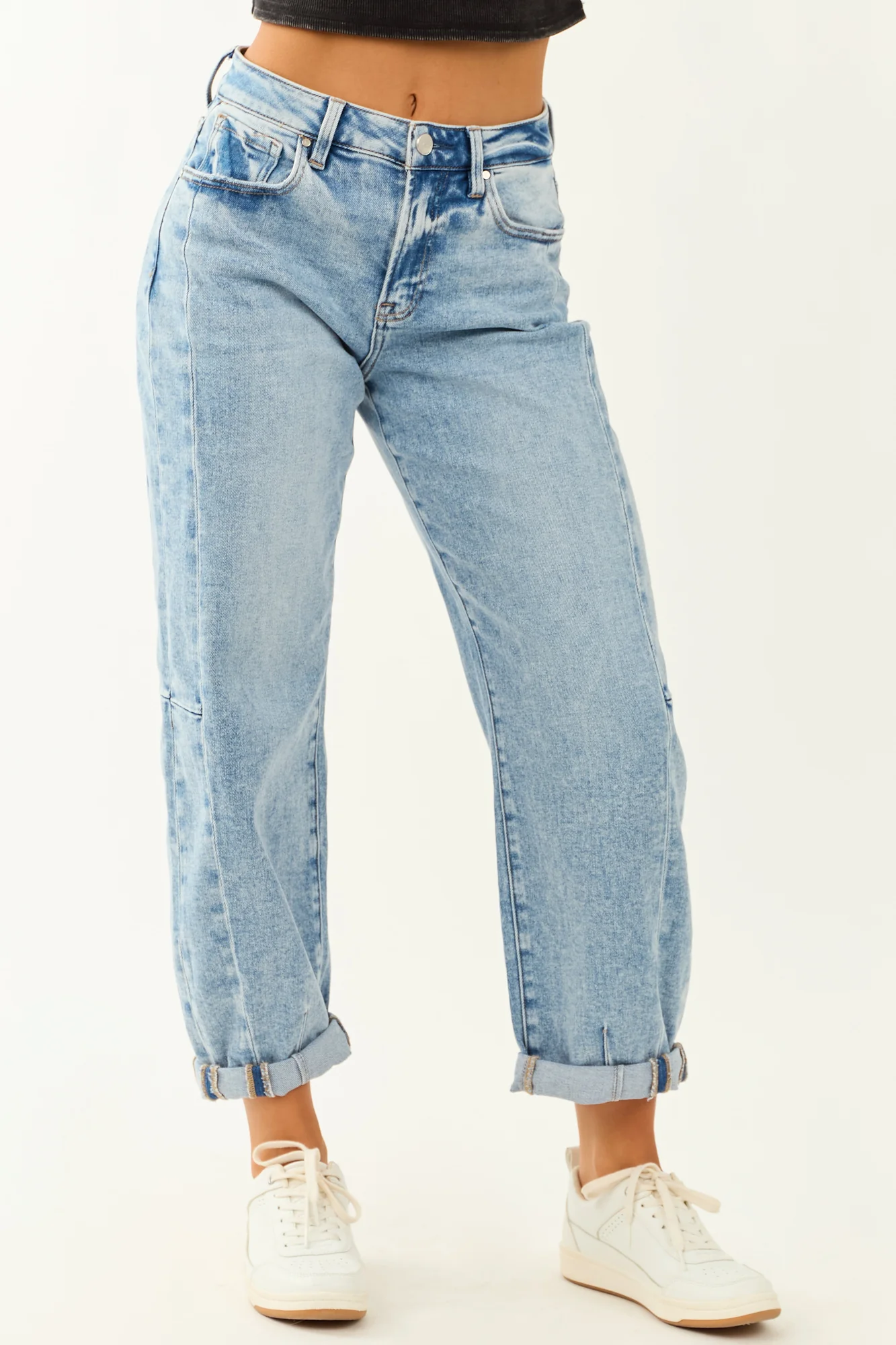 Medium Wash Stretchy Cropped Barrel Jeans