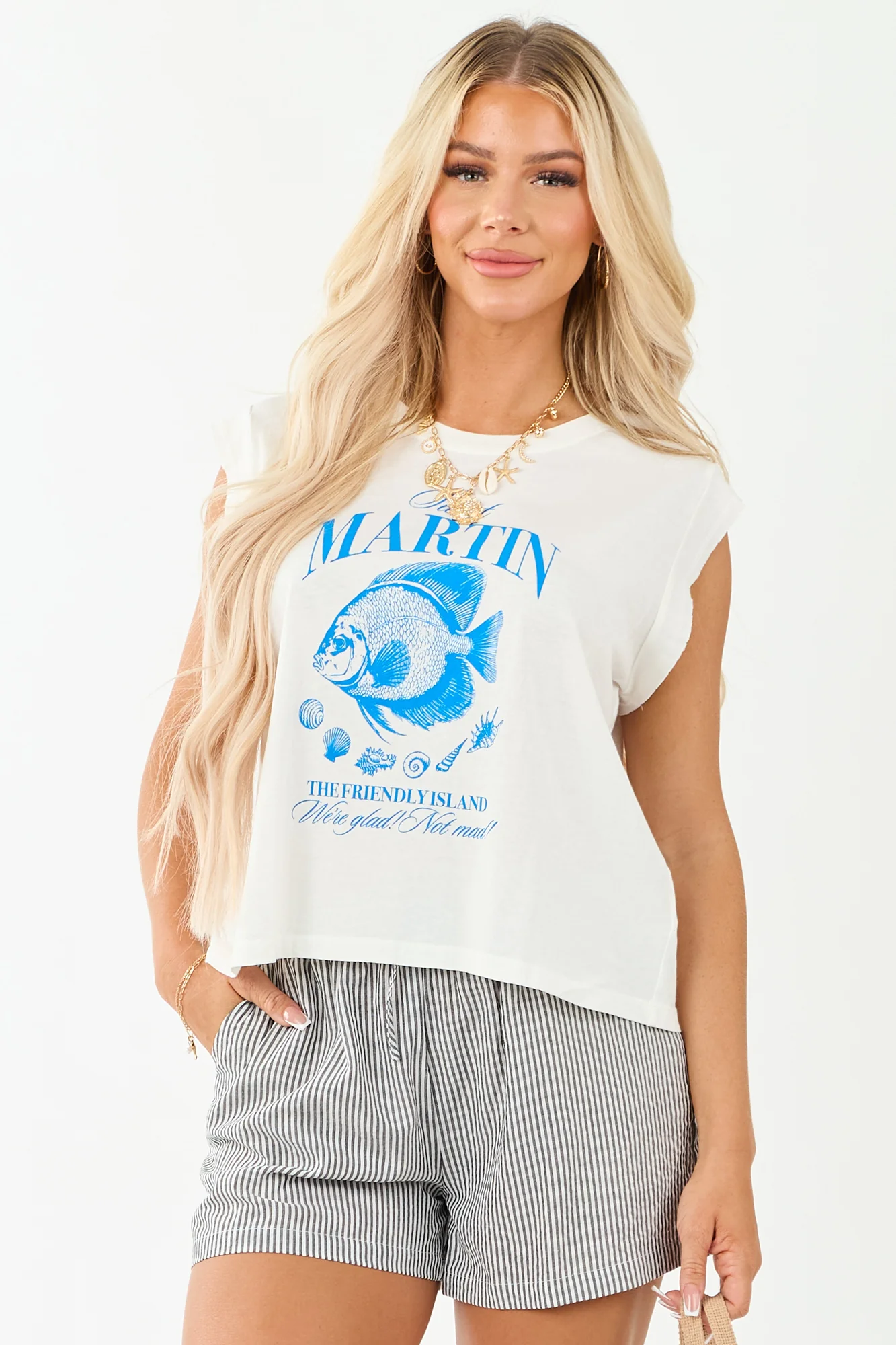Ivory Graphic Cotton Fish Tee - Boxy Fit Cap Sleeve Top