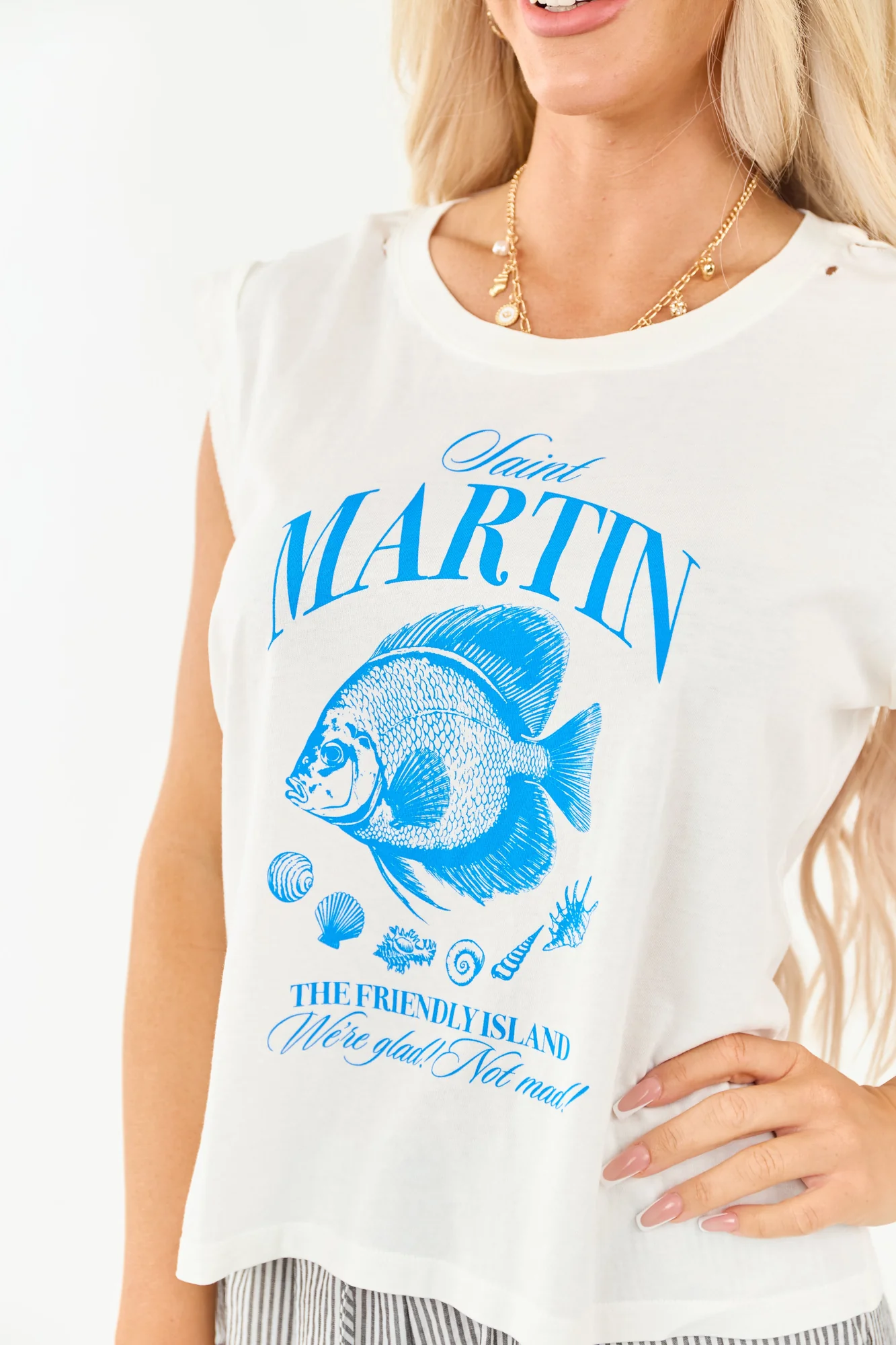 Ivory Graphic Cotton Fish Tee - Boxy Fit Cap Sleeve Top