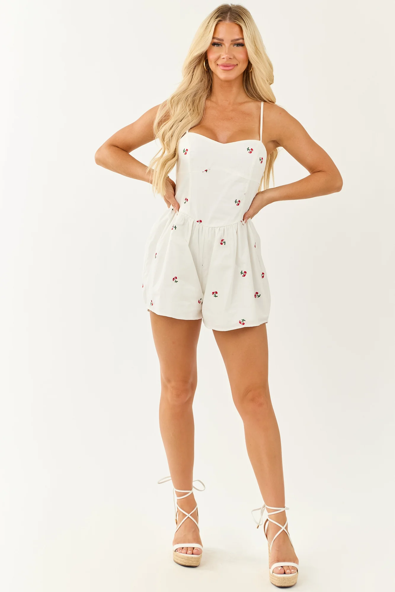 Cherry Embroidered Cotton Cami Romper White