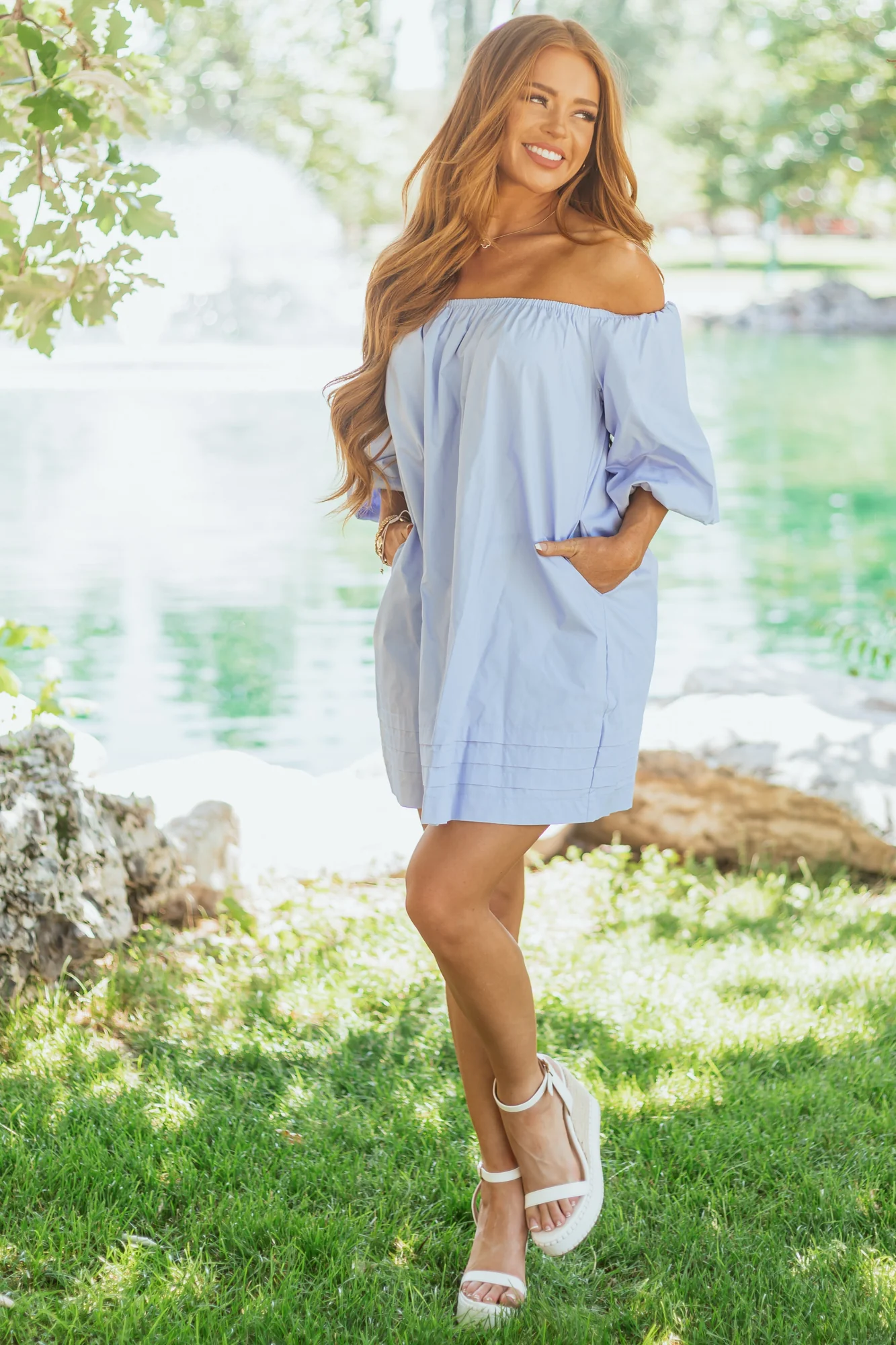 Blue Off-the-Shoulder Cotton Summer Mini Dress