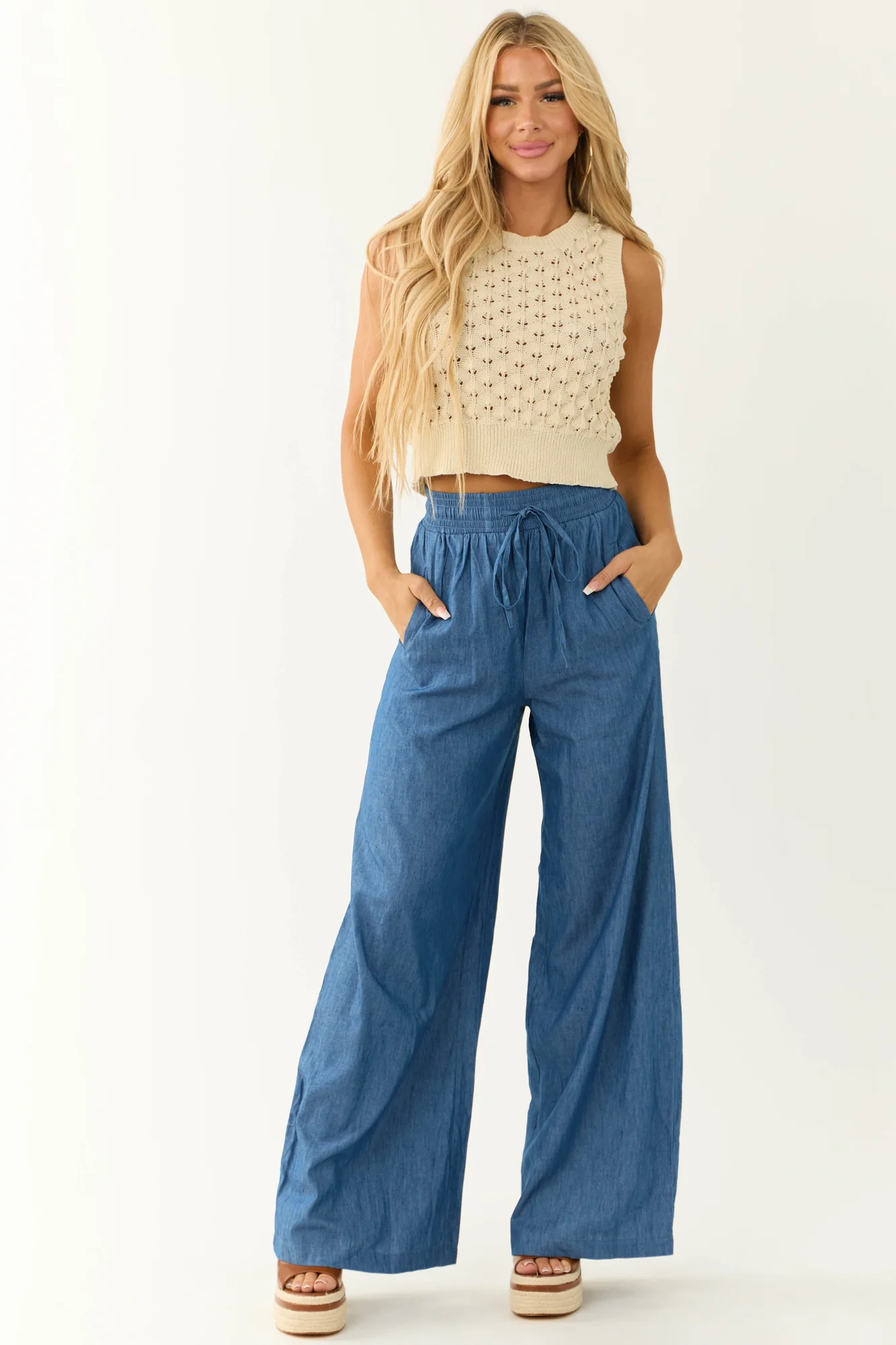 High Rise Chambray Wide Leg Pants in Blue