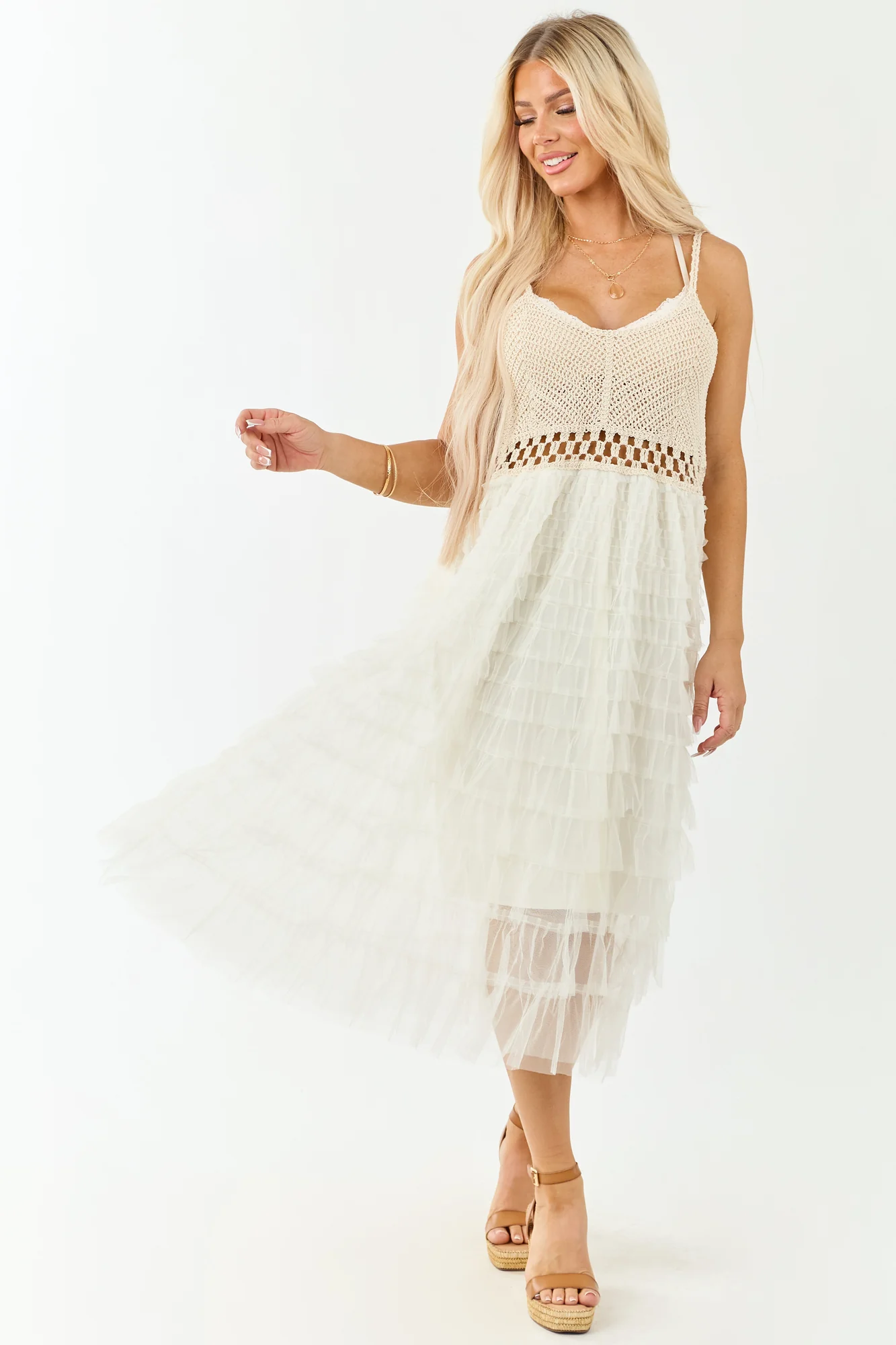 Tiered Mesh Almond Midi Dress with Crochet Bodice