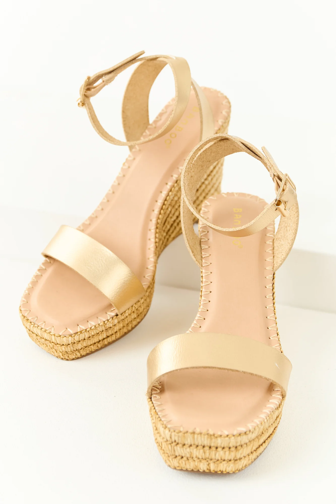 Beige Raffia Platform Wedges with Gold Straps