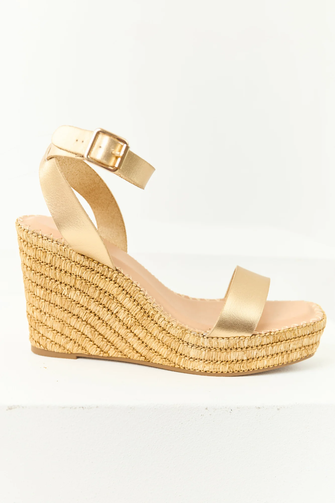 Beige Raffia Platform Wedges with Gold Straps
