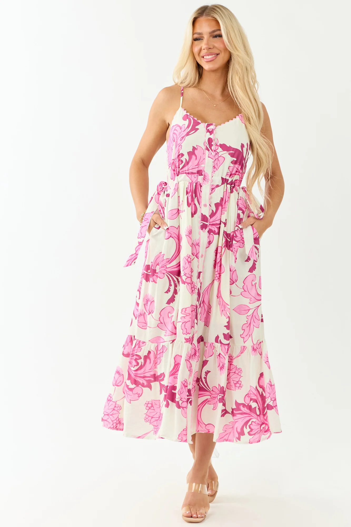 Floral Tiered Maxi Dress with Buttoned Sleeves