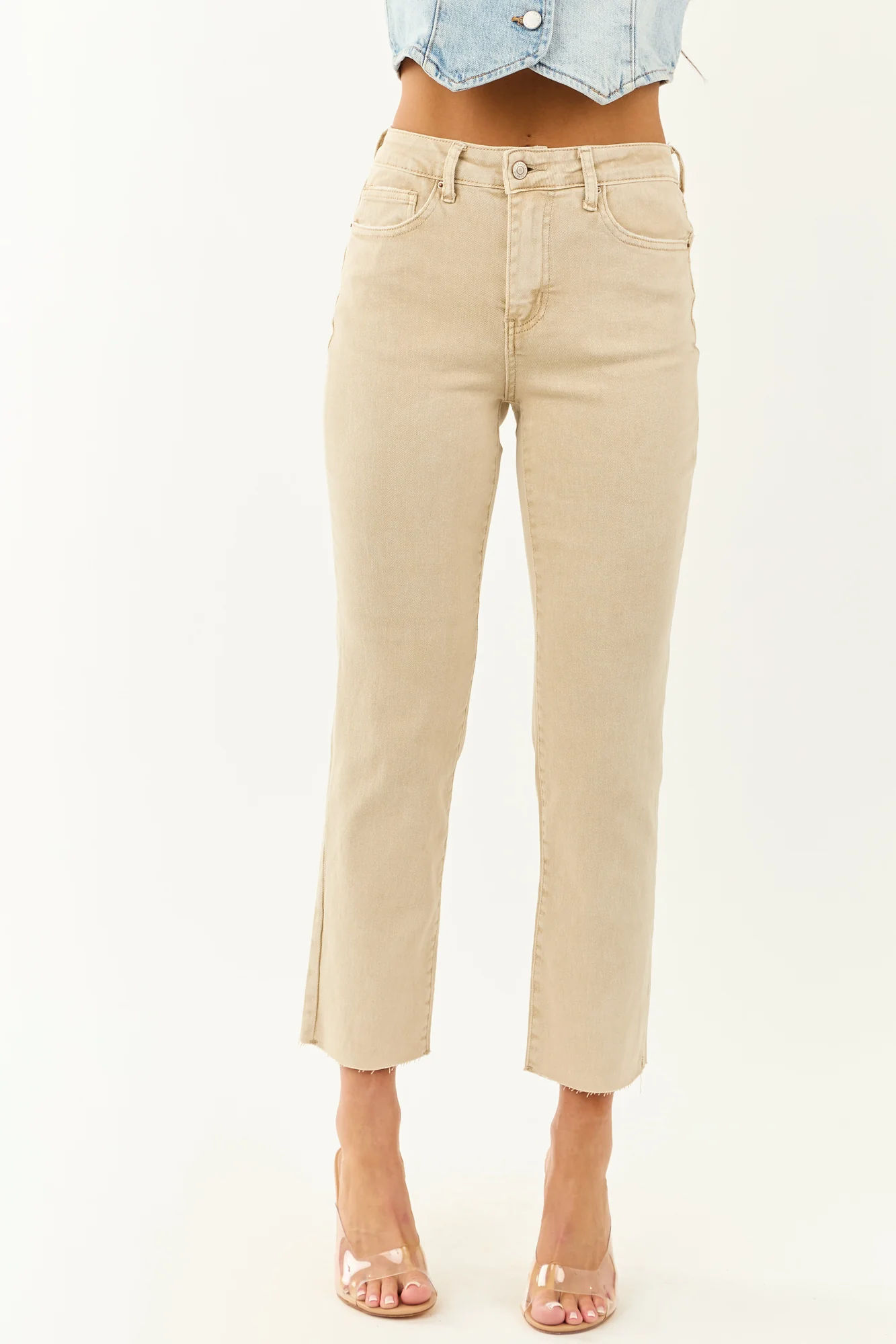Beige Stretchy High Rise Straight Jeans