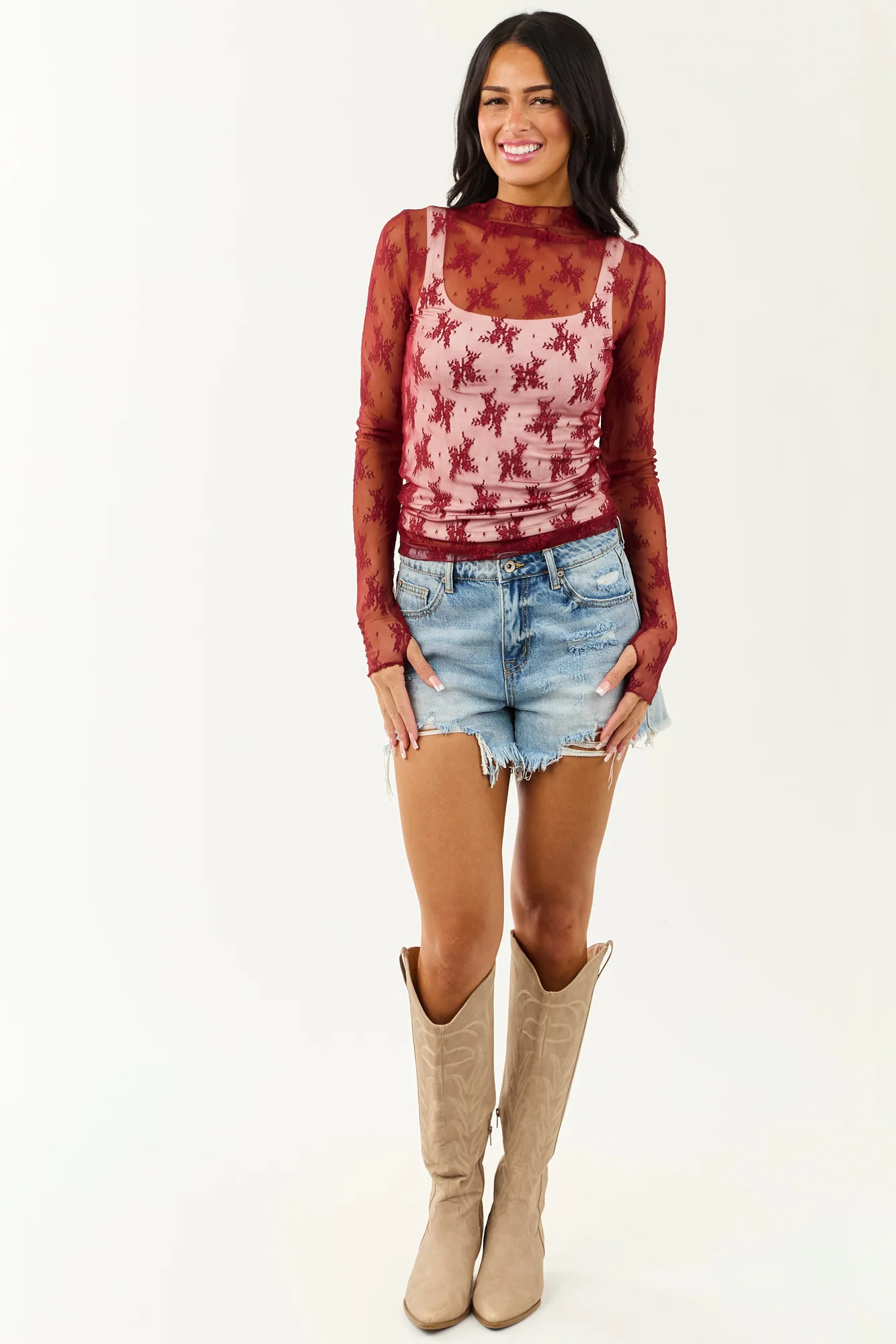 Red Lace Mock Neck Long Sleeve Mesh Top