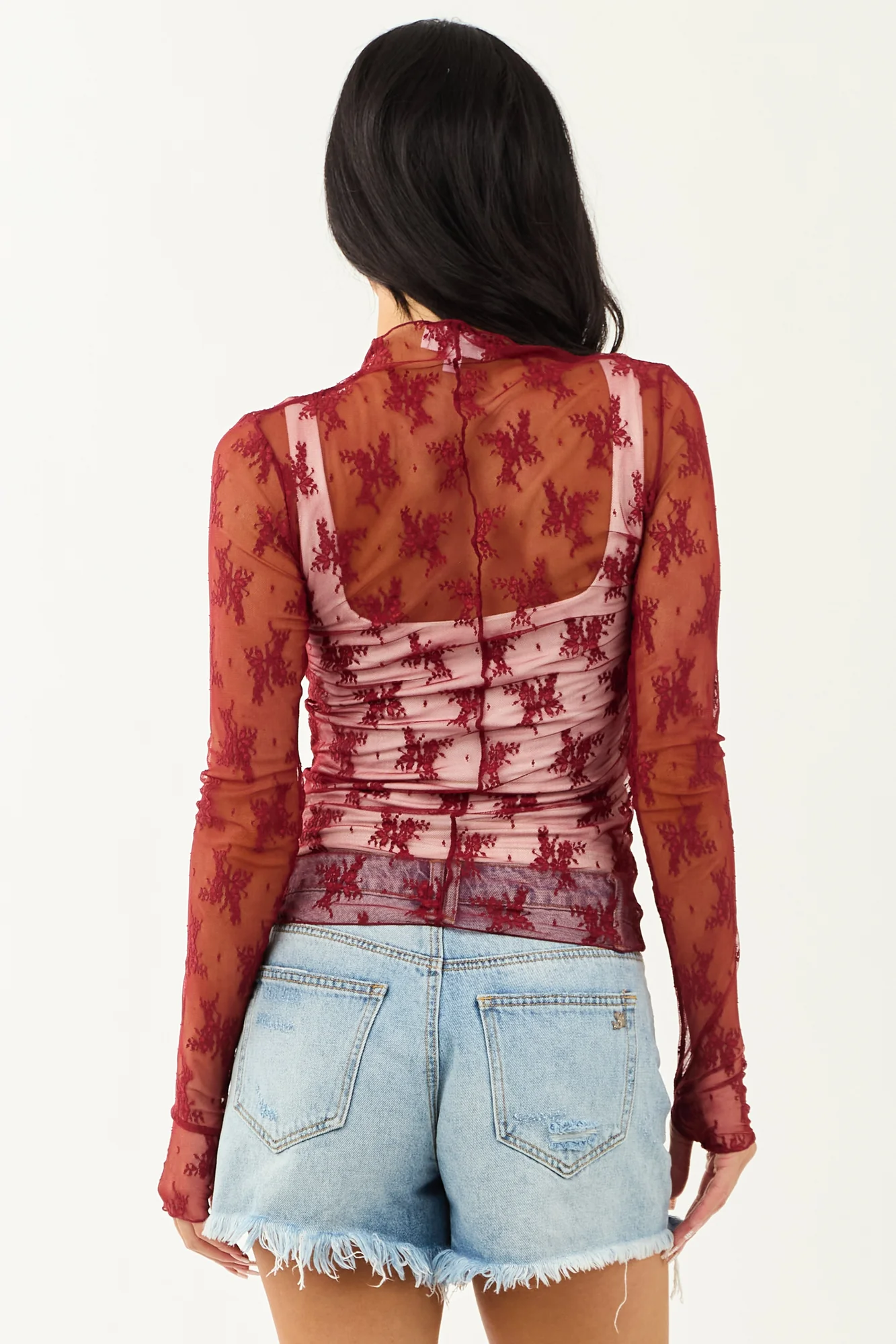 Red Lace Mock Neck Long Sleeve Mesh Top