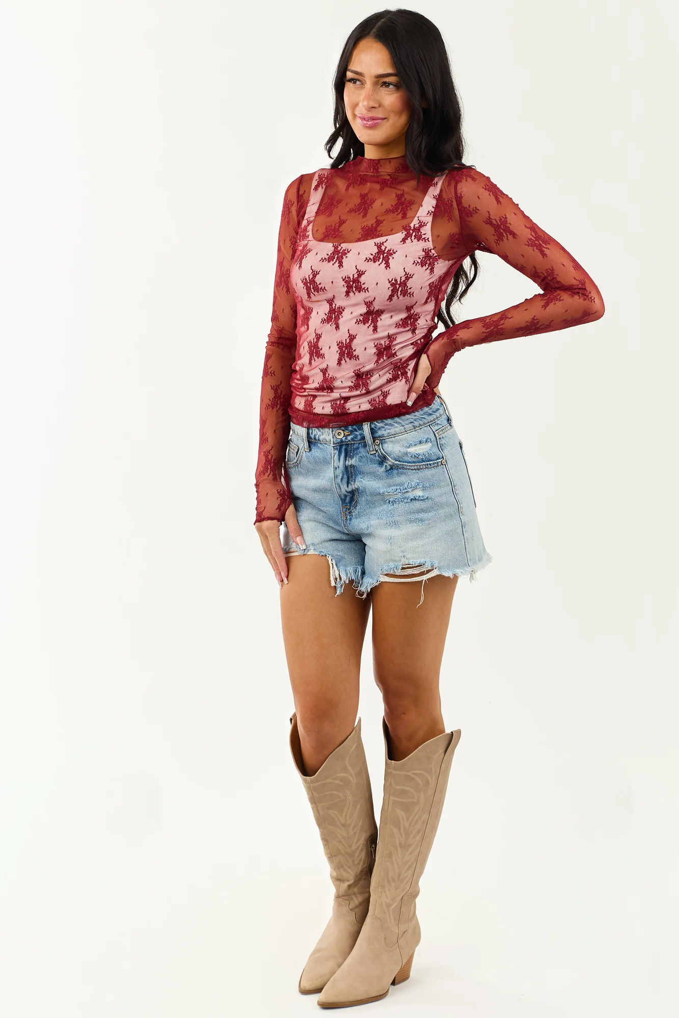 Red Lace Mock Neck Long Sleeve Mesh Top