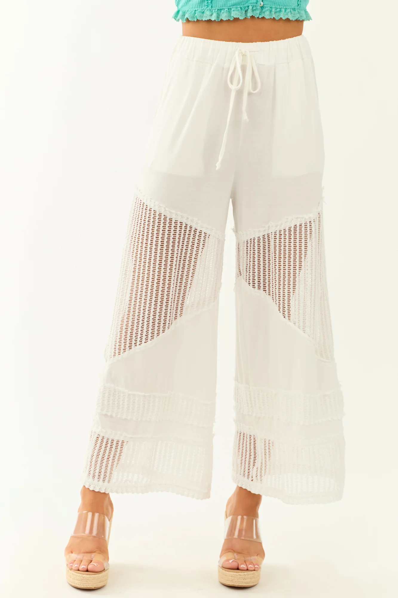 White Crochet Patchwork Wide Leg Pants