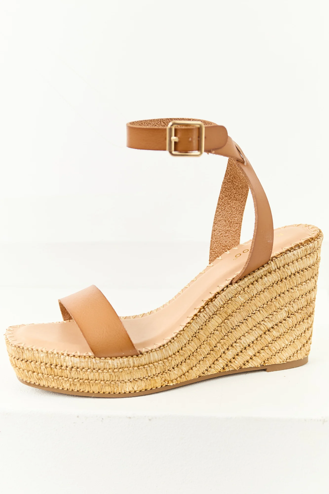 Beige Raffia Platform Wedges with Copper Strap