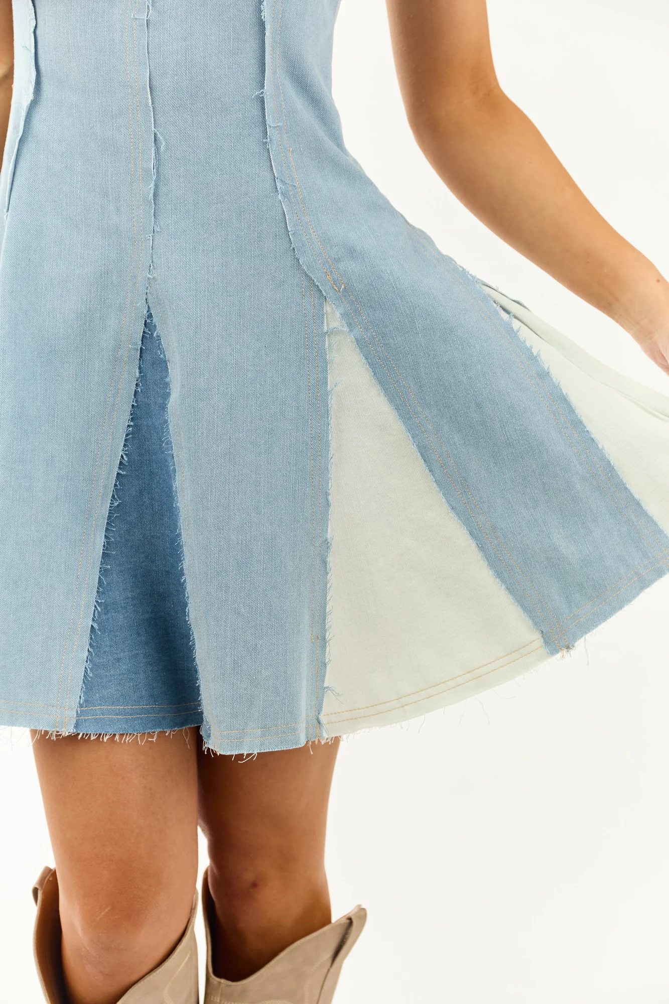 Denim Strapless Mini Dress with Colorblock Design