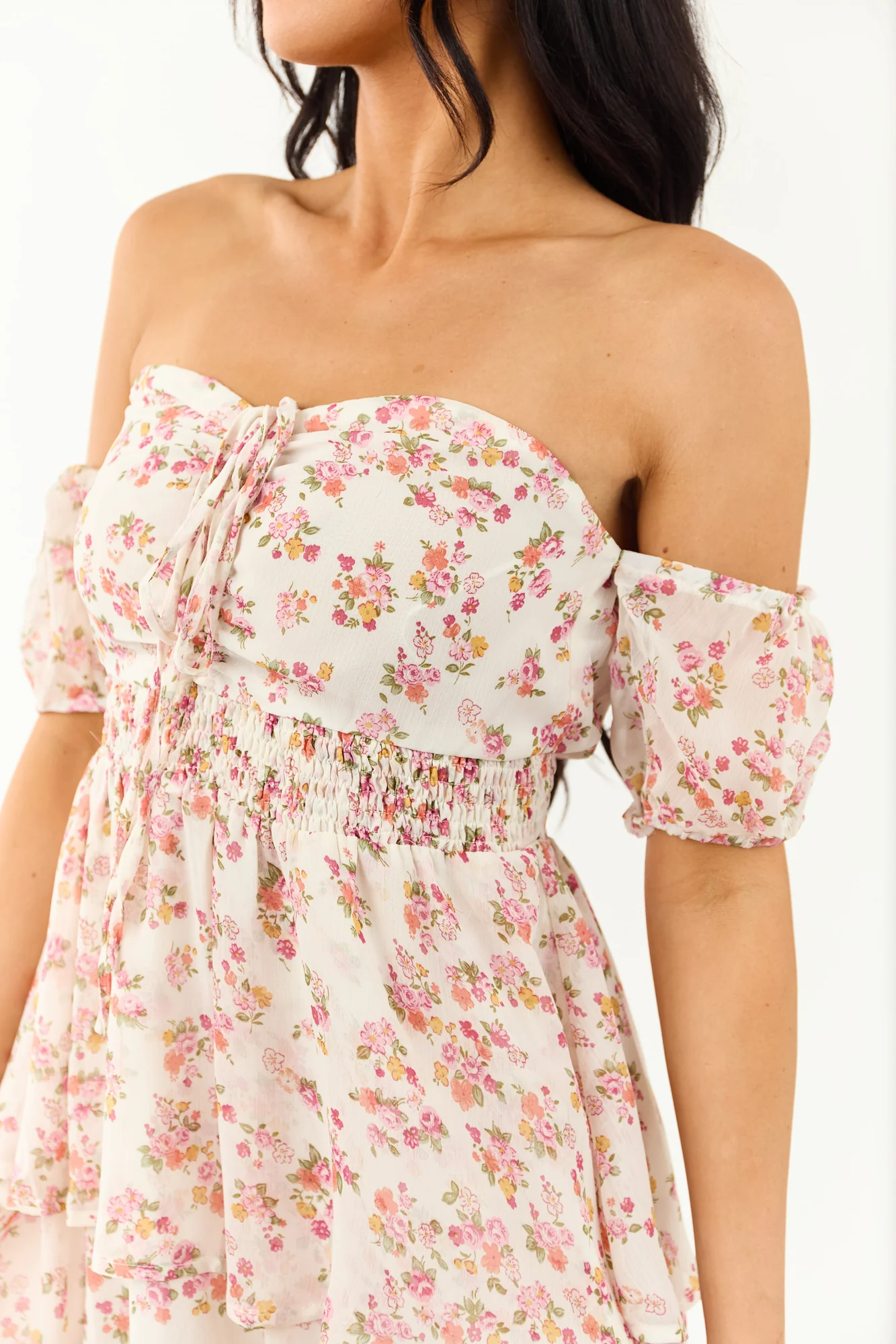 Ivory Floral Print Mini Dress with Off-Shoulder Design