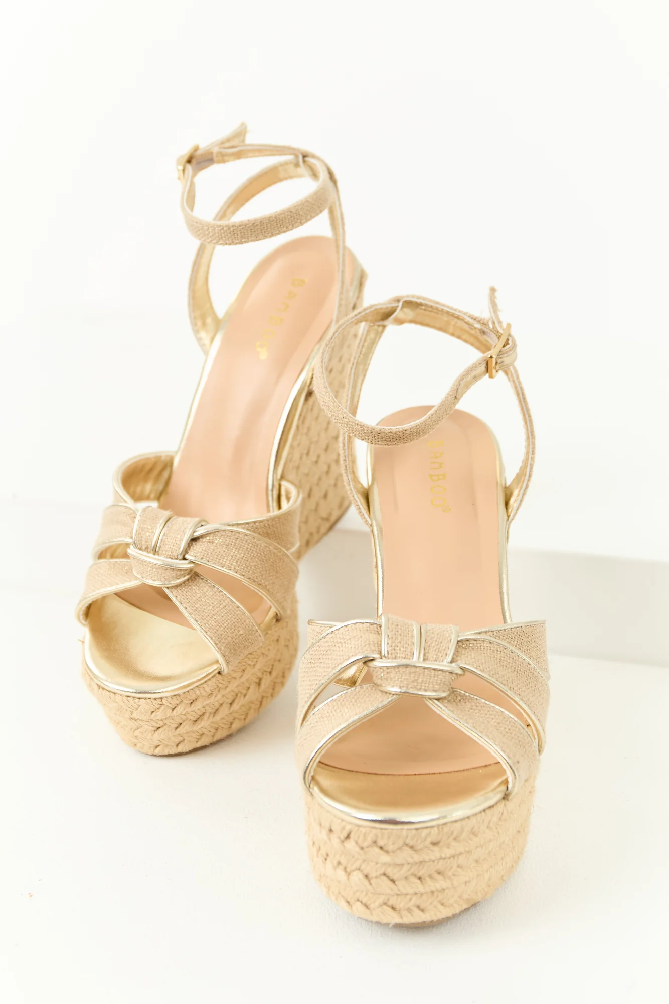 Beige Raffia Knot Espadrille Wedges - High Heel Womens Shoes
