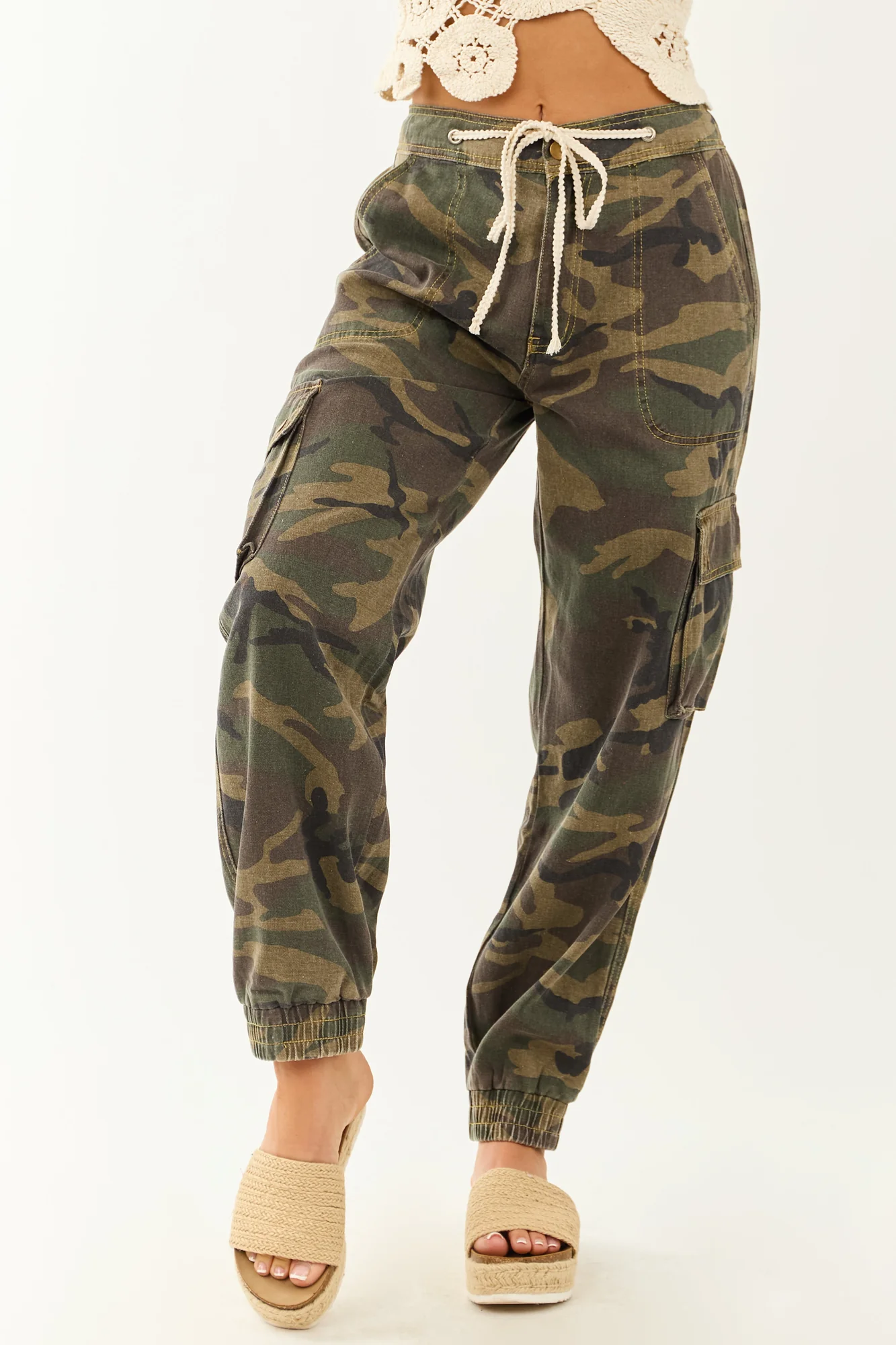 Army Green Camo Print Denim Cargo Joggers