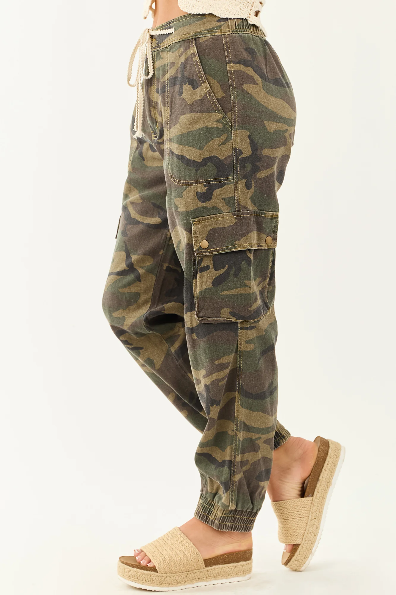 Army Green Camo Print Denim Cargo Joggers