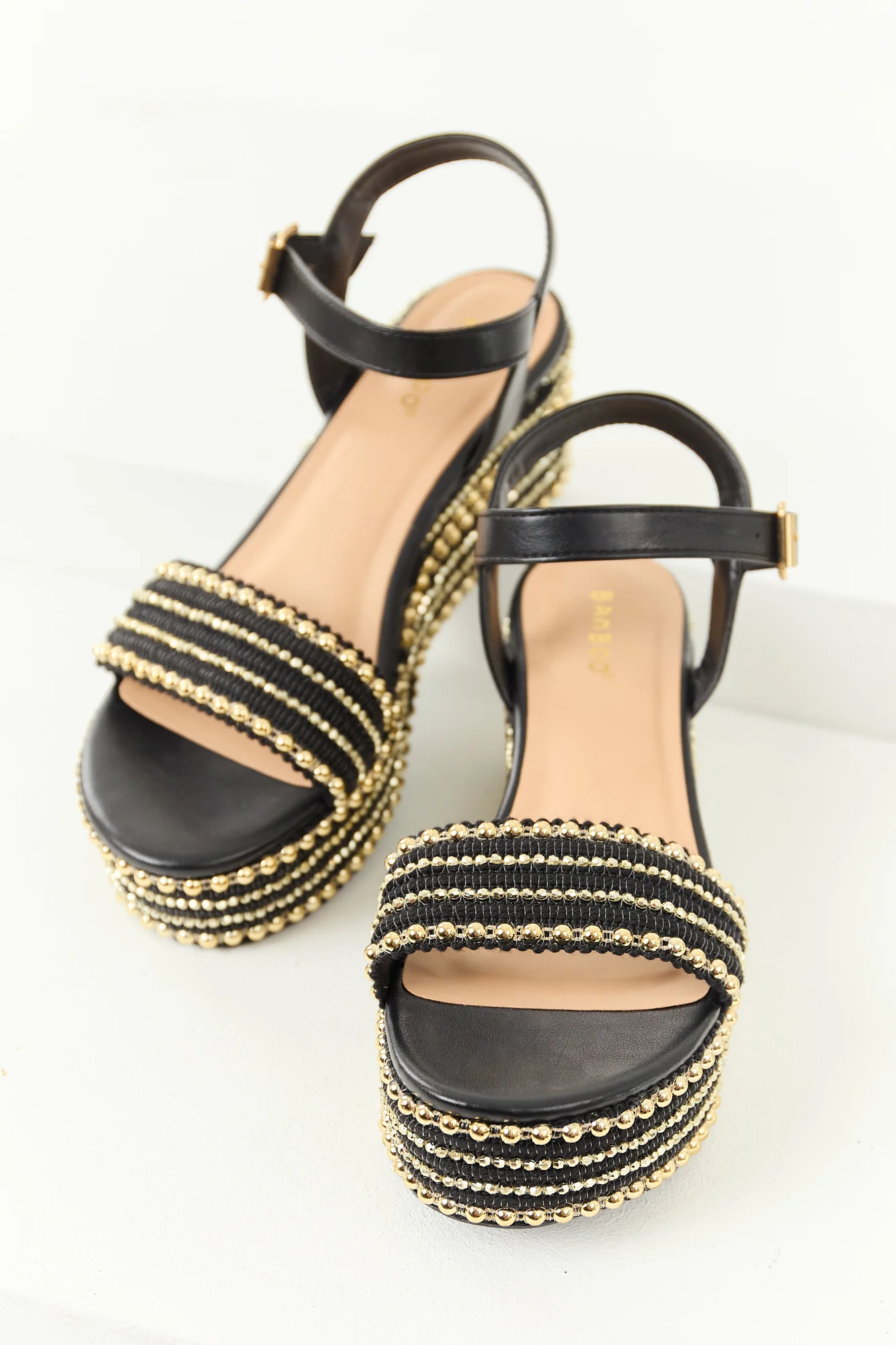 Black Platform Wedges with Gold Bead Accent