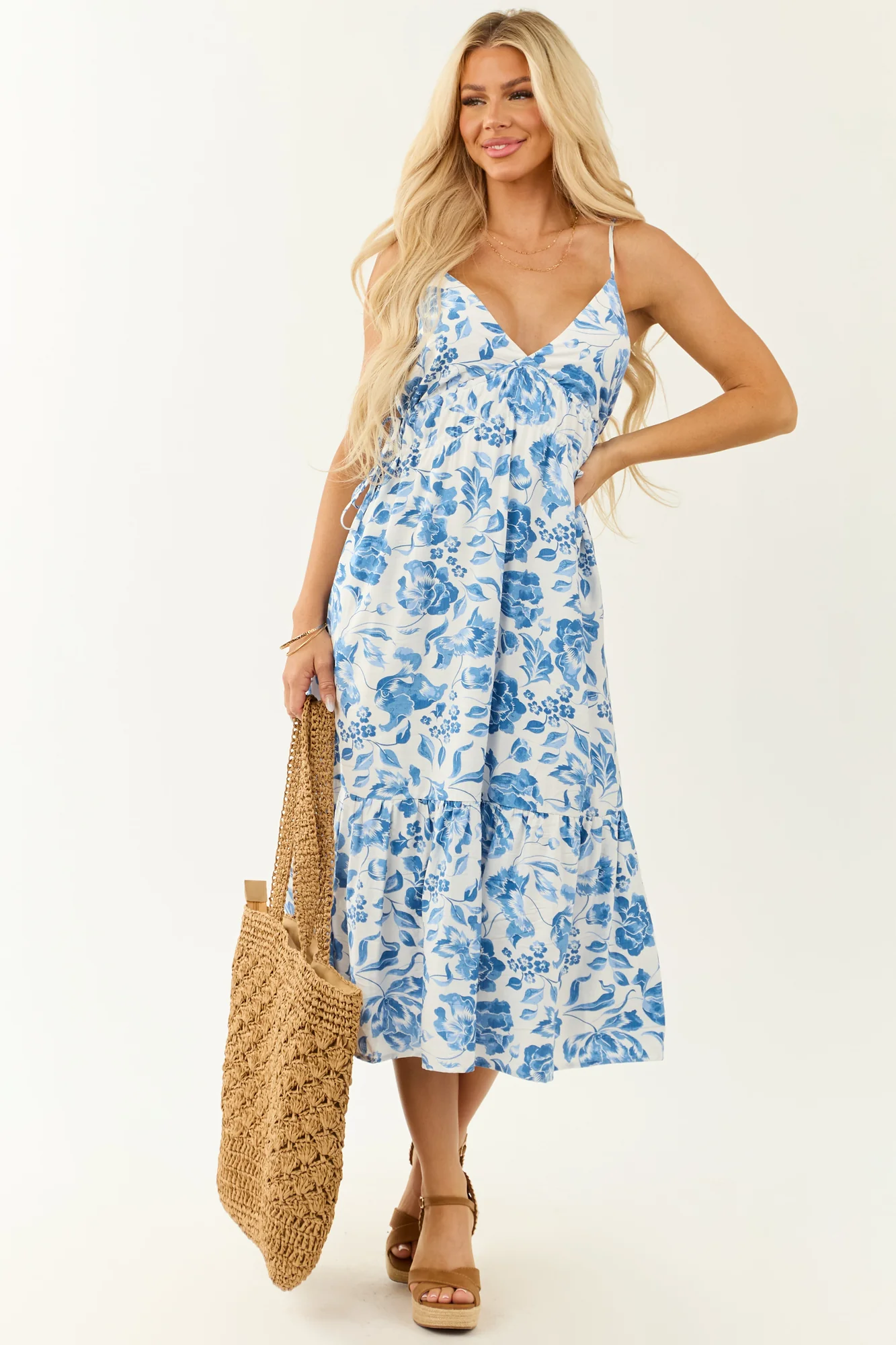 Floral Print Adjustable Midi Dress in Off White and Cobalt