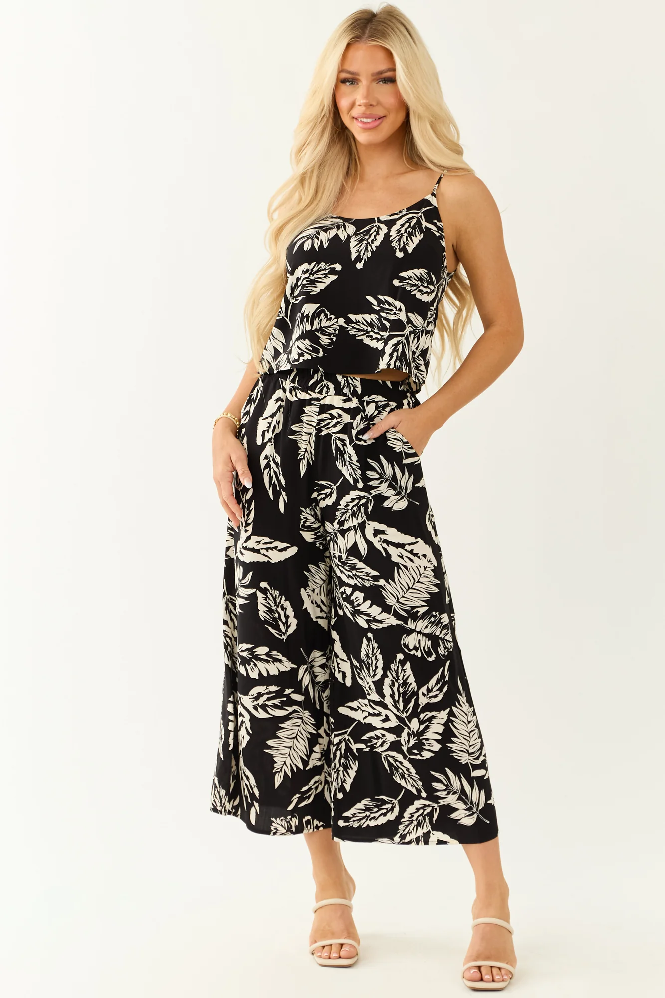 Ivory Leaf Print Camisole and Wide Leg Pant Set