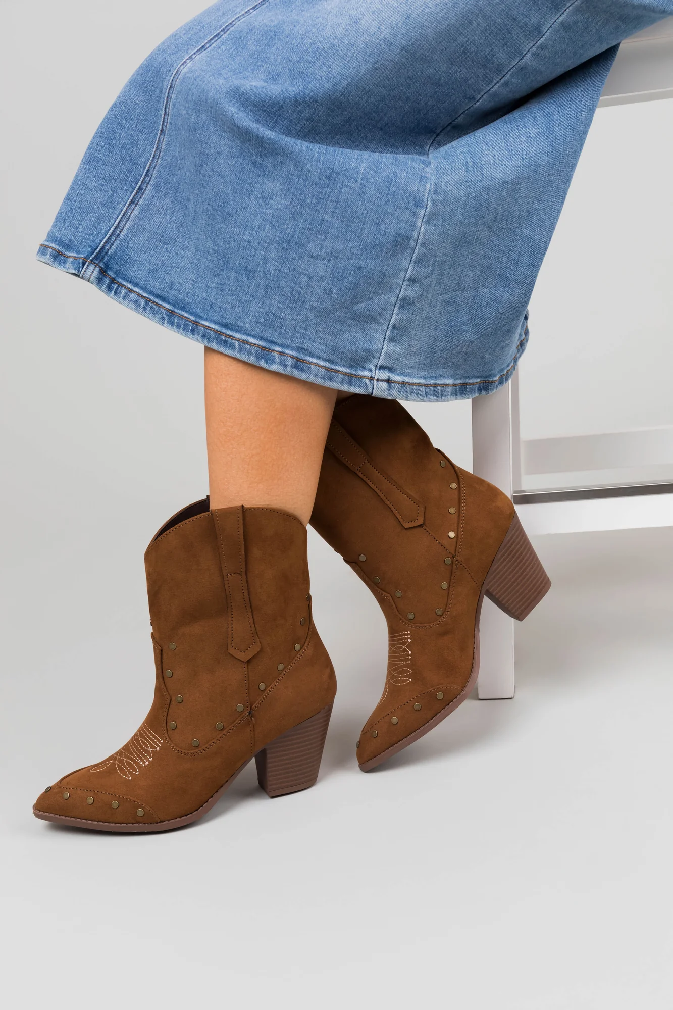 Brown Studded Western Calf Boots