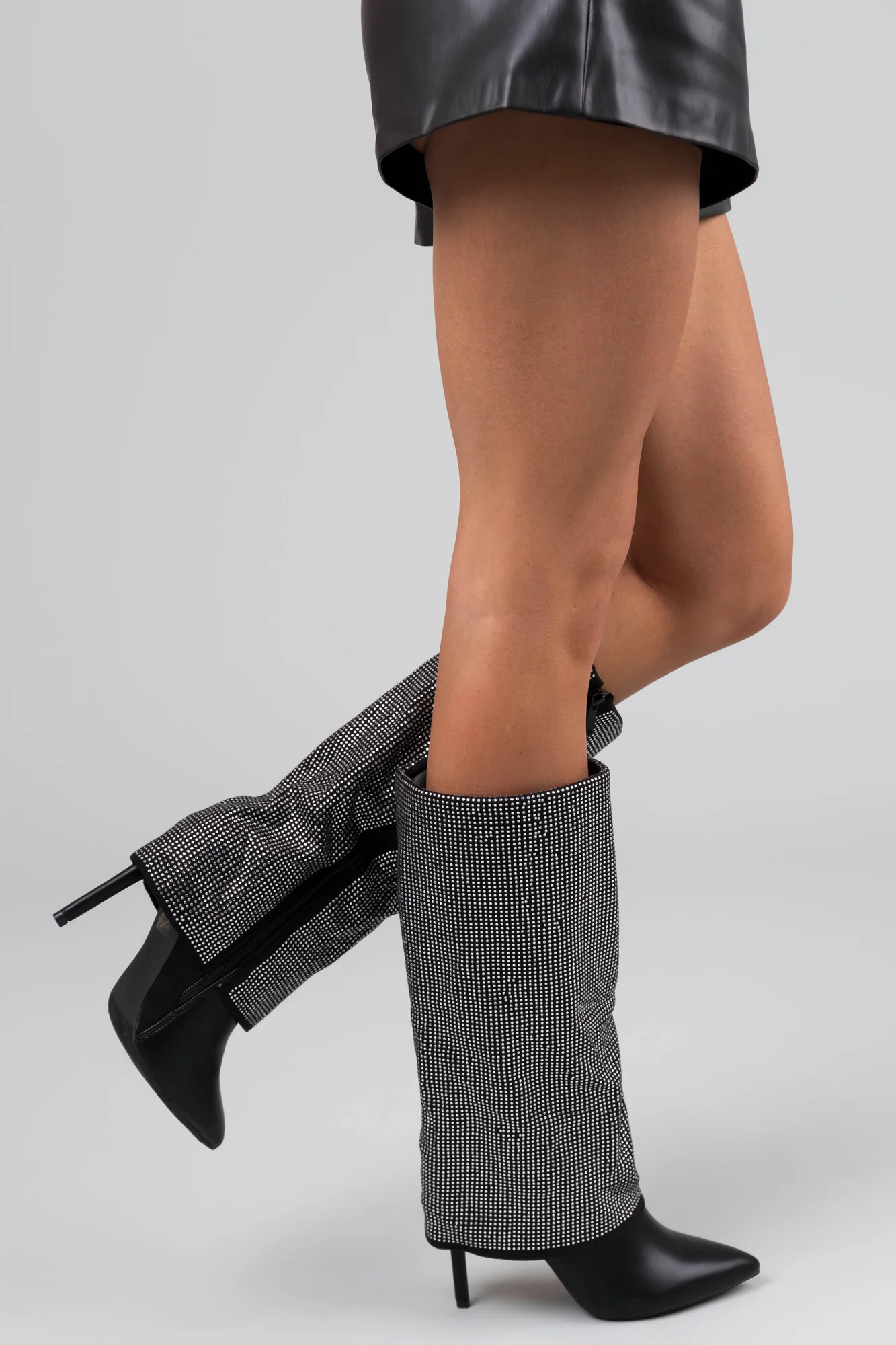 Stunning Black Rhinestone Pointed Toe High Heel Boots