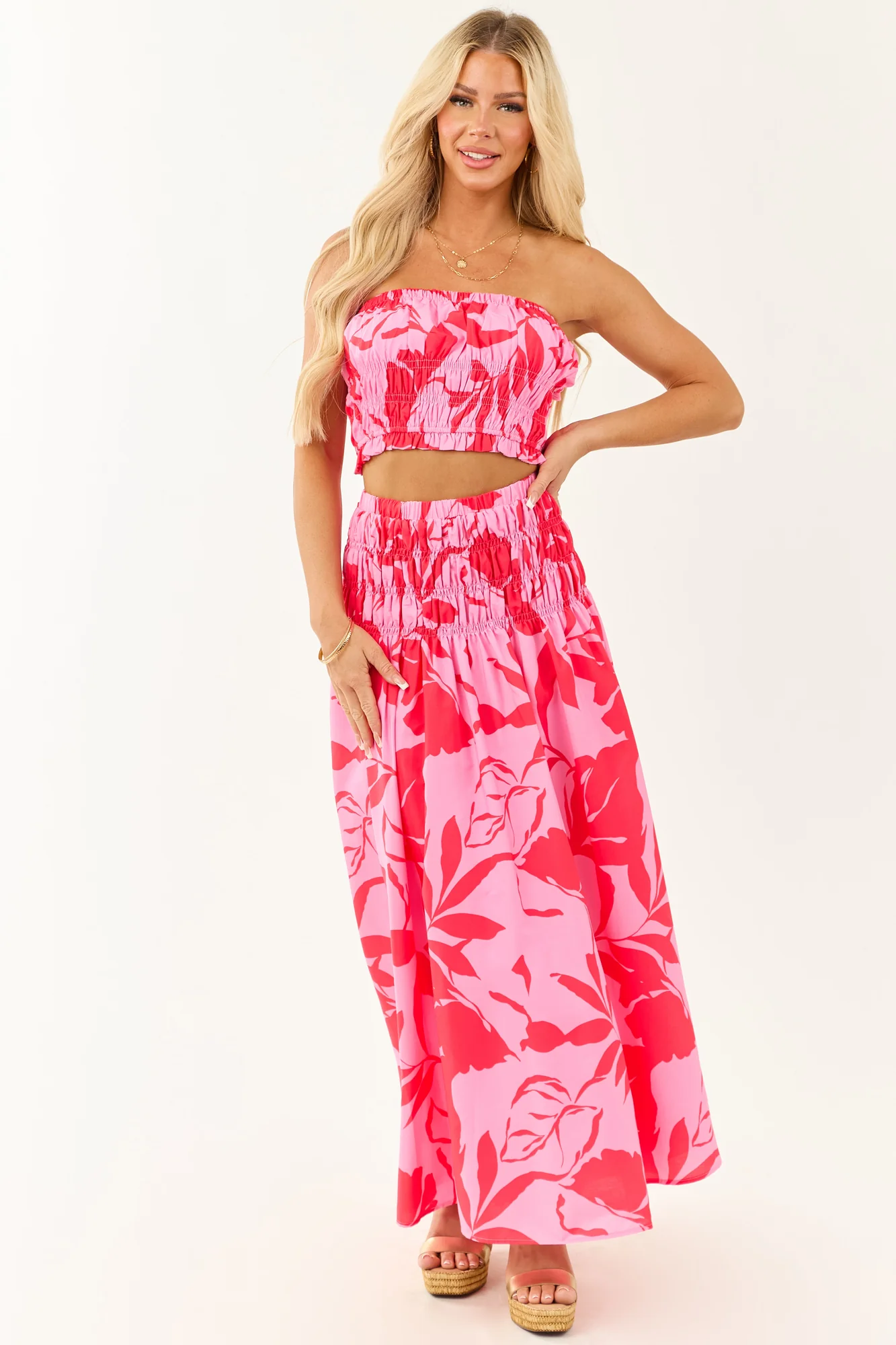 Crimson Floral Smocked Waist Maxi Skirt Set
