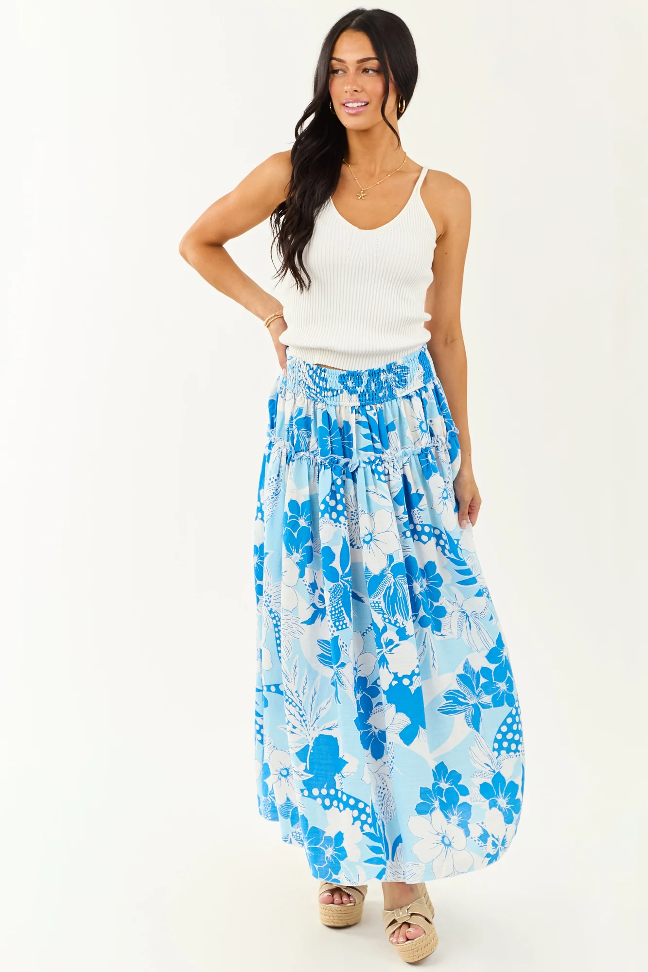 Tropical Floral Ruffle Maxi Skirt in Sky Blue