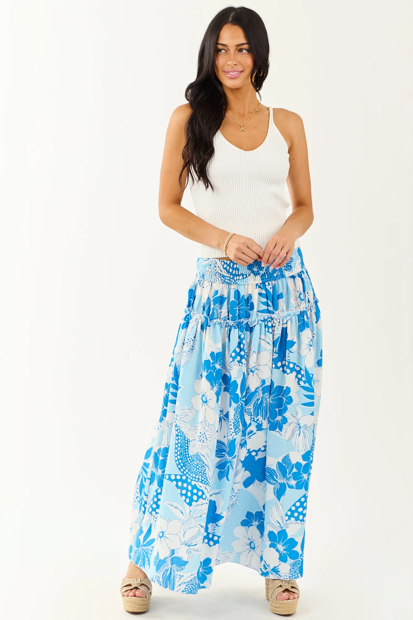 Tropical Floral Ruffle Maxi Skirt in Sky Blue