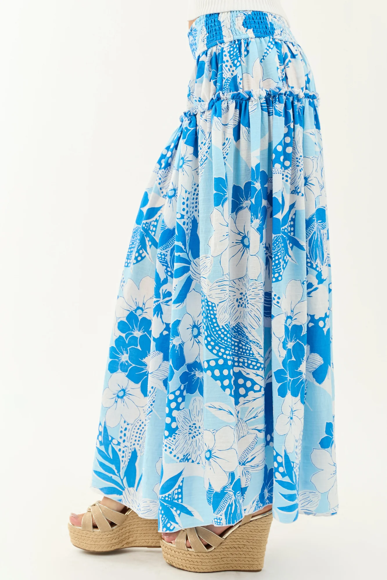 Tropical Floral Ruffle Maxi Skirt in Sky Blue